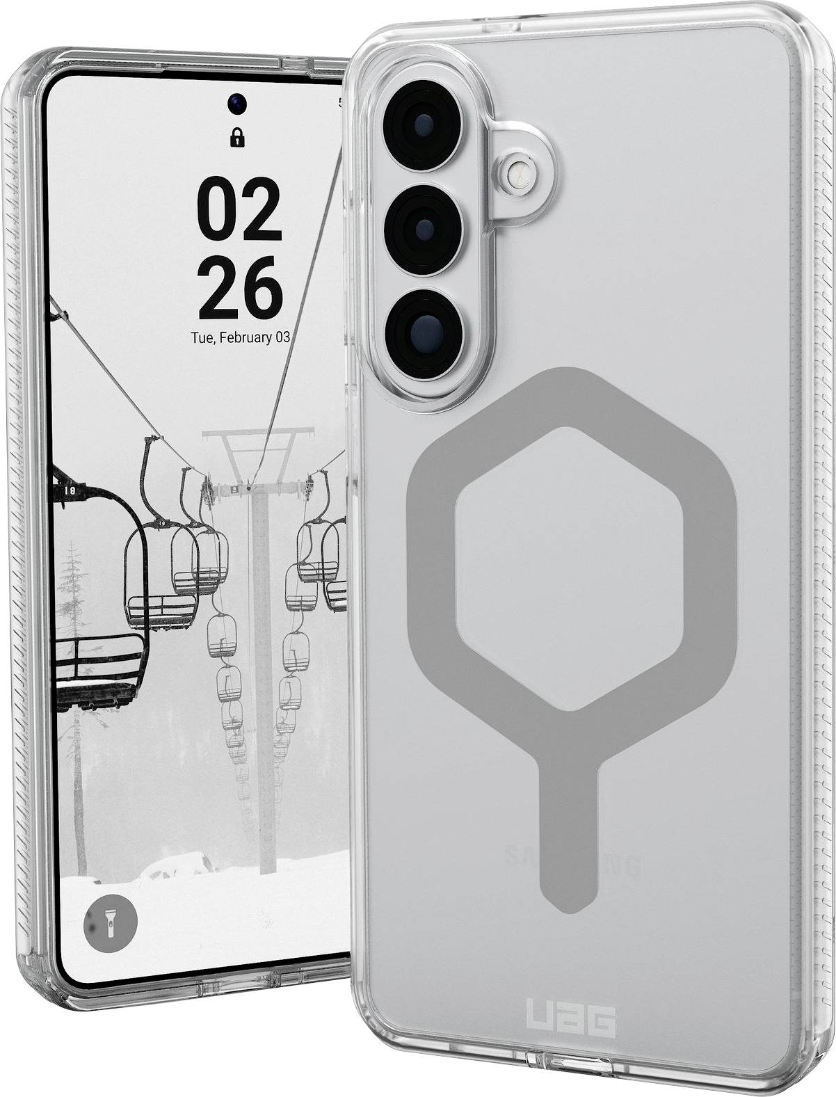 Ein durchsichtiges Handyhüllenetui mit großem sechseckigem Logo wird auf einem Smartphone gezeigt. Zwei Kameras sind vertikal orientiert auf dem Telefon sichtbar.