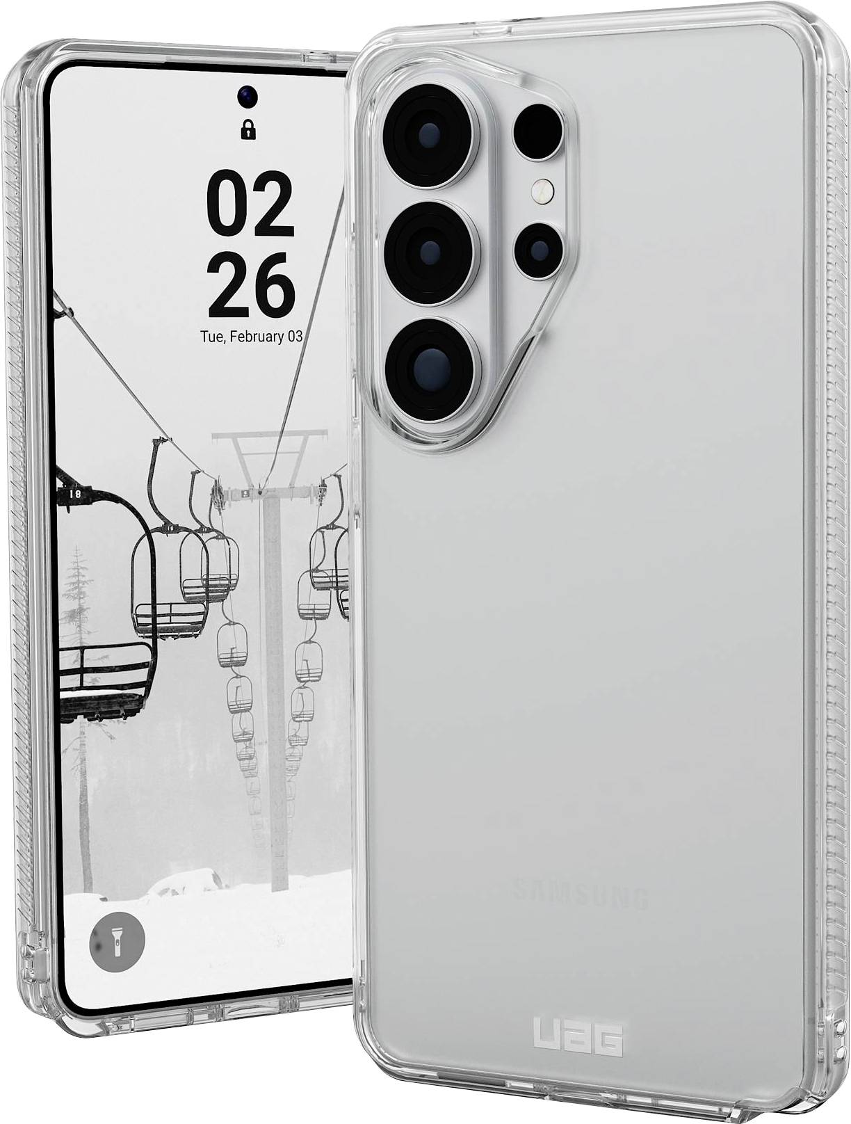 Zwei Smartphones mit transparenten Hüllen; eines zeigt einen Februarkalender auf dem Bildschirm, während das andere das Design der rückseitigen Kamera anzeigt.