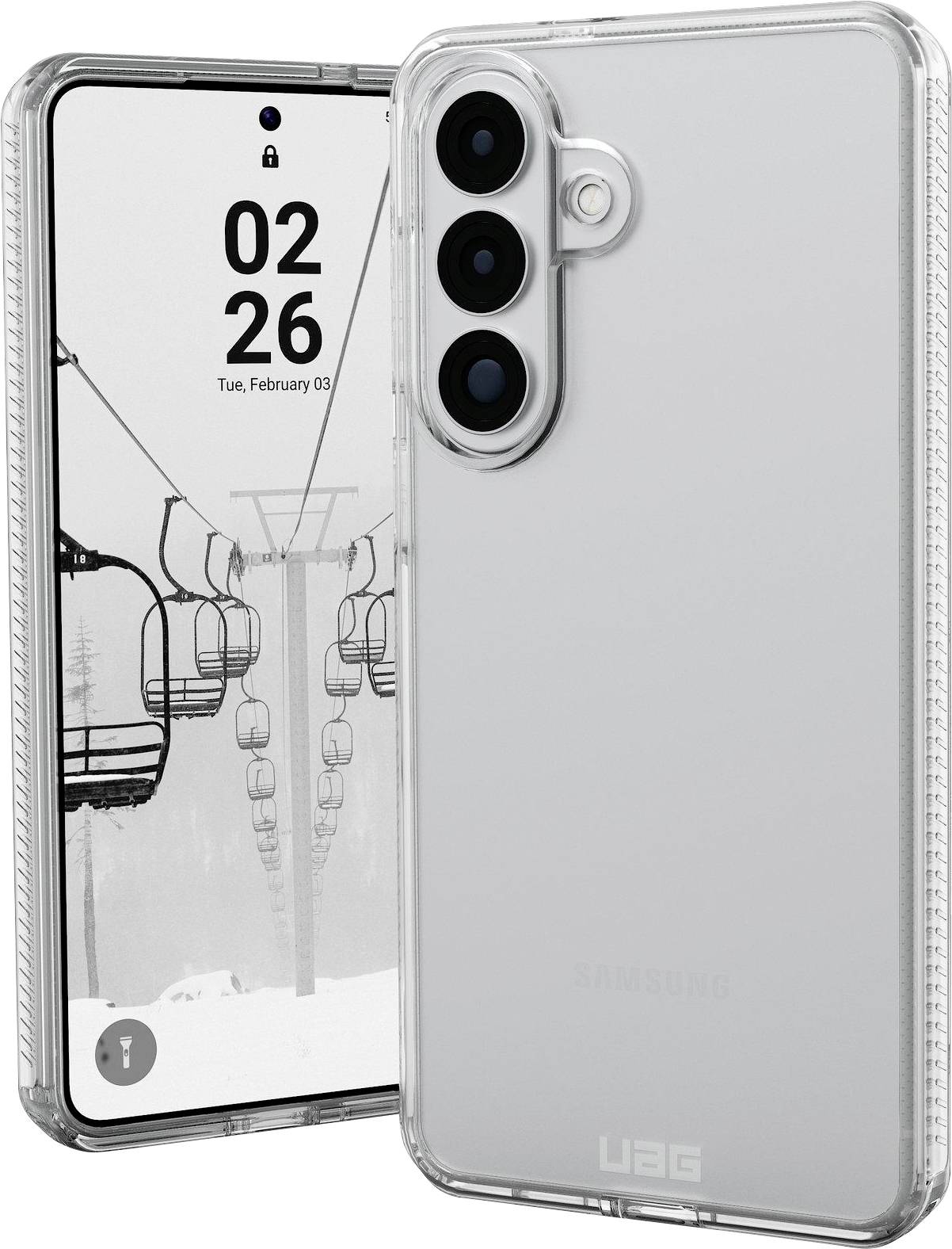 Ein Smartphone mit transparenter Schutzhülle wird angezeigt und präsentiert sein dreifaches Kamera-Setup auf der Rückseite sowie einen Homescreen mit dem sichtbaren Datum '02 26'.