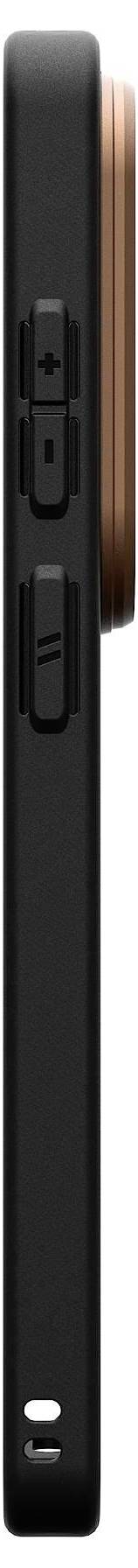 Ein schlankes schwarzes Smartphone von der Seite betrachtet, das Lautstärkeregler und ein deutlich erhabenes Kameramodul zeigt.