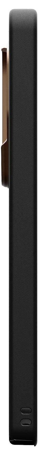 Ein elegantes, rechteckiges schwarzes Gerät mit einer Rosé-Gold-Klammer an der Seite, von der Seite betrachtet.