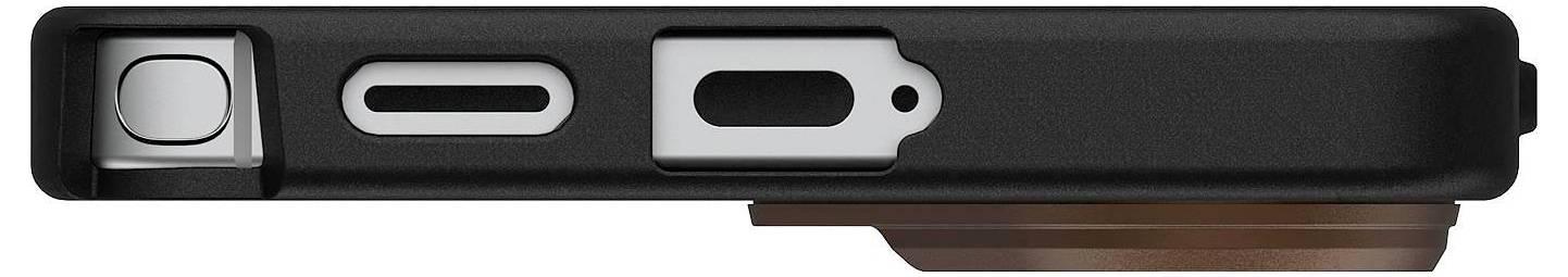 Eine Seitenansicht eines geschlossenen, schlanken, blauen Smartphones mit einer sichtbaren Lautstärketaste an der Seite.