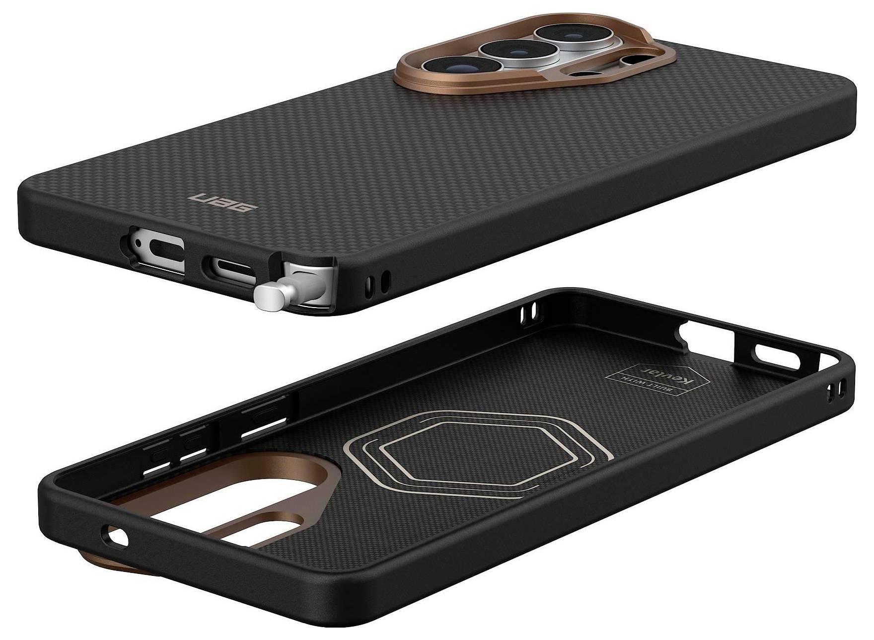 Ein robustes Smartphone-Schutzhülle in Grau mit goldenem Ringständer/Ring-Halter, mit strukturierter Rückseite und verstärkten Ecken, konzipiert für Schutz.