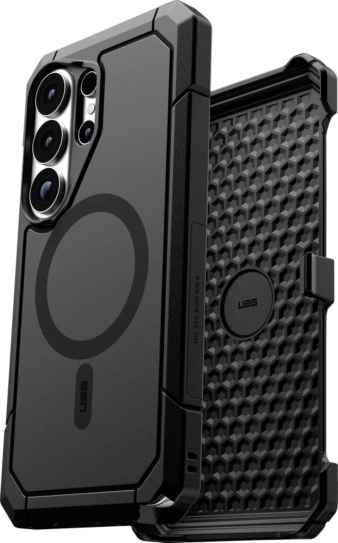 Ein robustes schwarzes Handyhüllendesign mit drei Kameraausschnitten, entworfen für Schutz, gezeigt mit strukturiertem Inneren und Branding.
