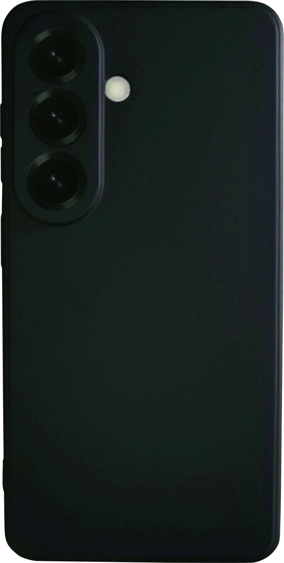 Ein schwarzes Smartphone mit drei rückwärtigen Kameras und einem Blitz, das sein elegantes Design und seine fortschrittlichen Fotografiefunktionen hervorhebt.