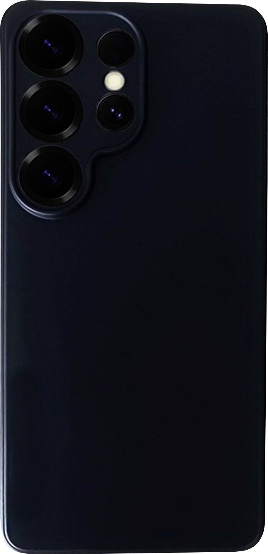 Ein Smartphone mit schwarzer Rückseite verfügt über ein prominentes Kameramodul mit vier Linsen und einem Blitz im oberen Teil.
