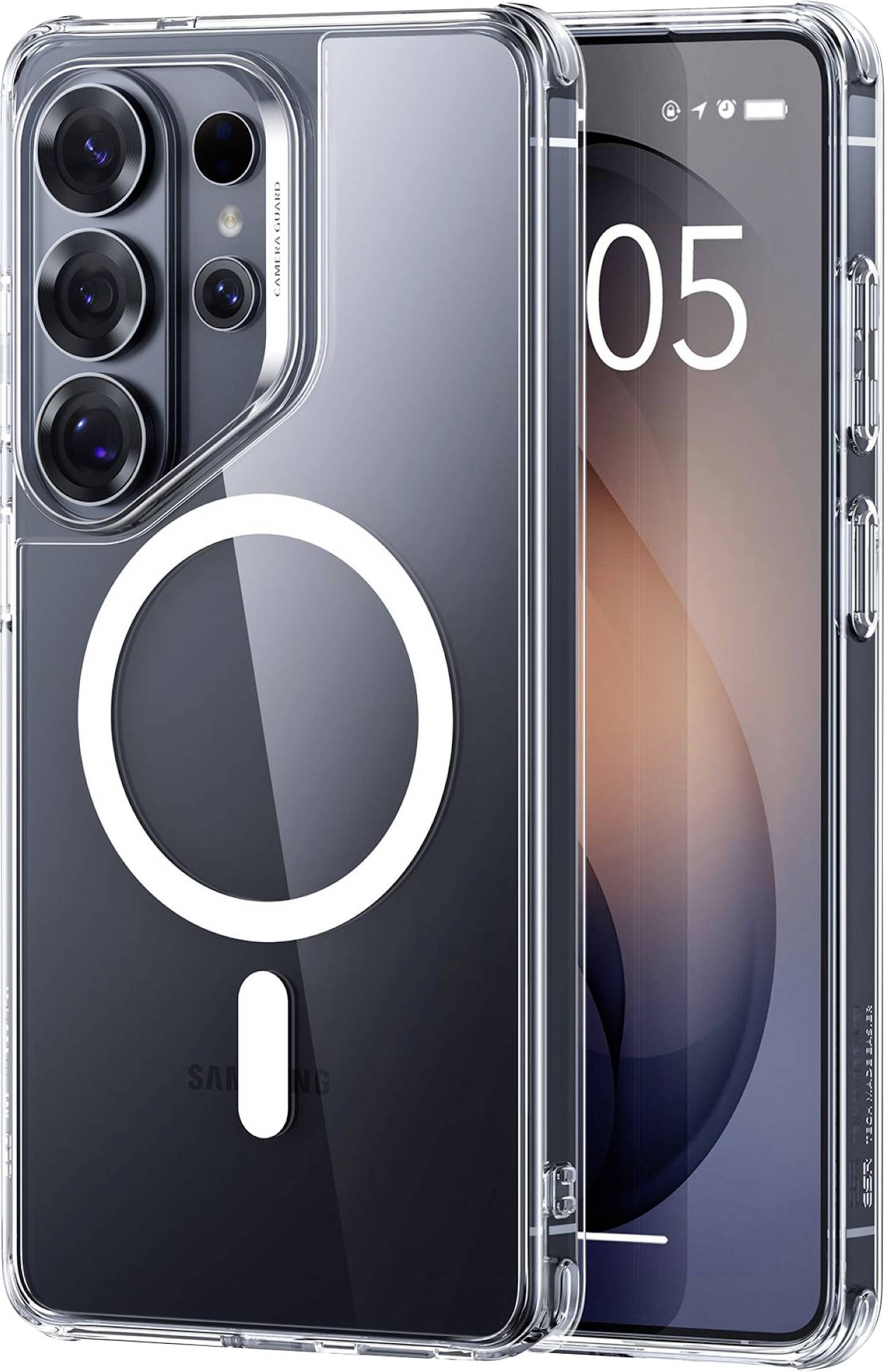 Transparente Handyhülle zeigt die Rückseite und Vorderseite eines Smartphones mit dreifacher Kameraausstattung. Die Zeit auf dem Telefondisplay zeigt '05:05'.