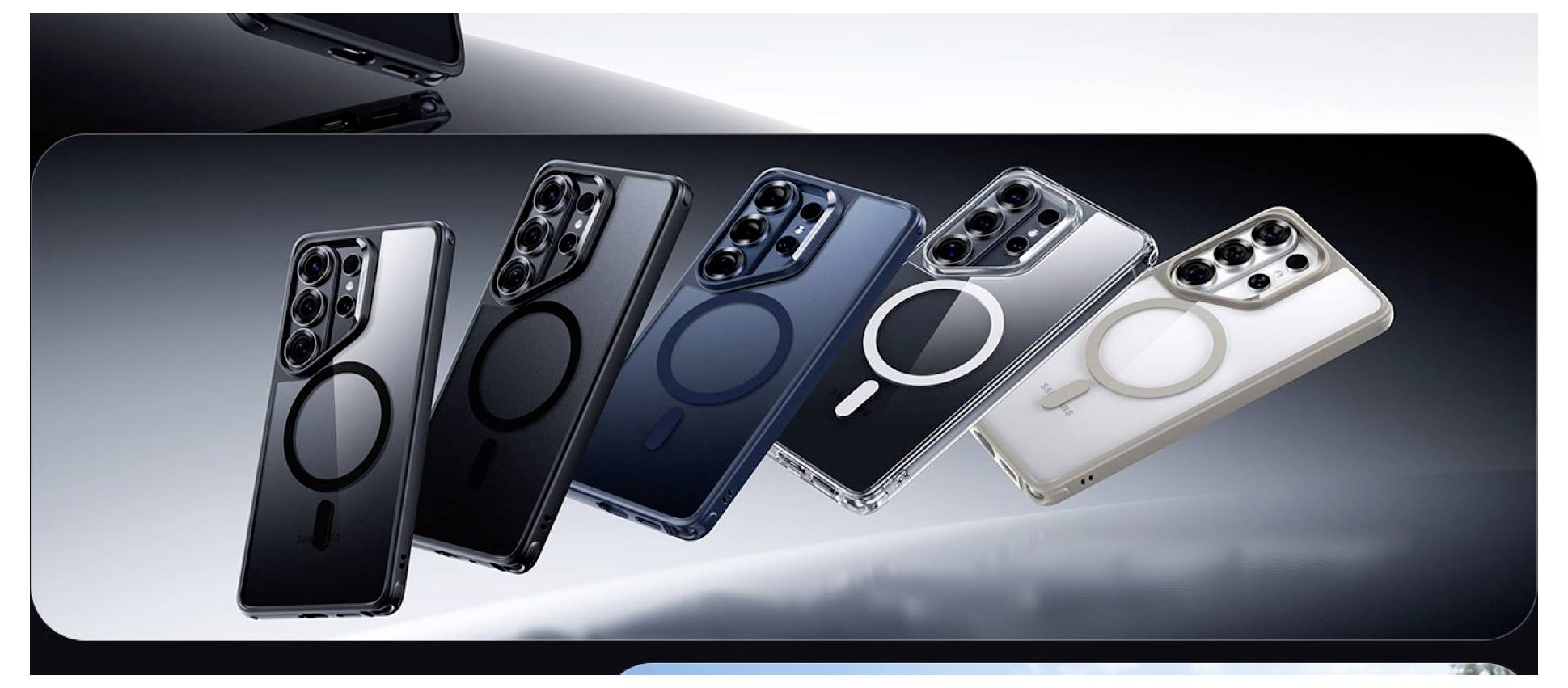 Fünf Smartphones mit kreisförmigem Design auf der Rückseite, in verschiedenen Farben von Schwarz bis Silber, in einer Reihe präsentiert.