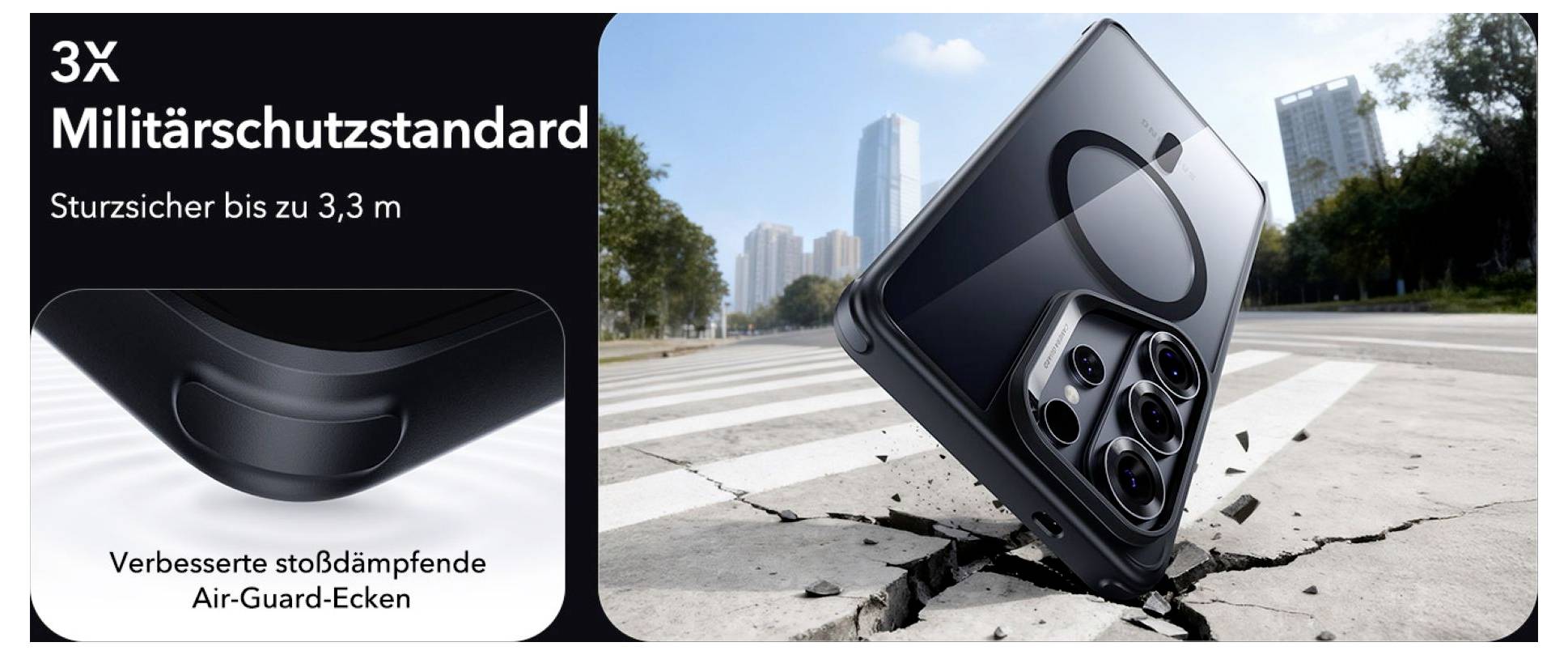 Smartphone mit robustem Gehäuse fällt auf den Boden, erzeugt Risse. Text betont 