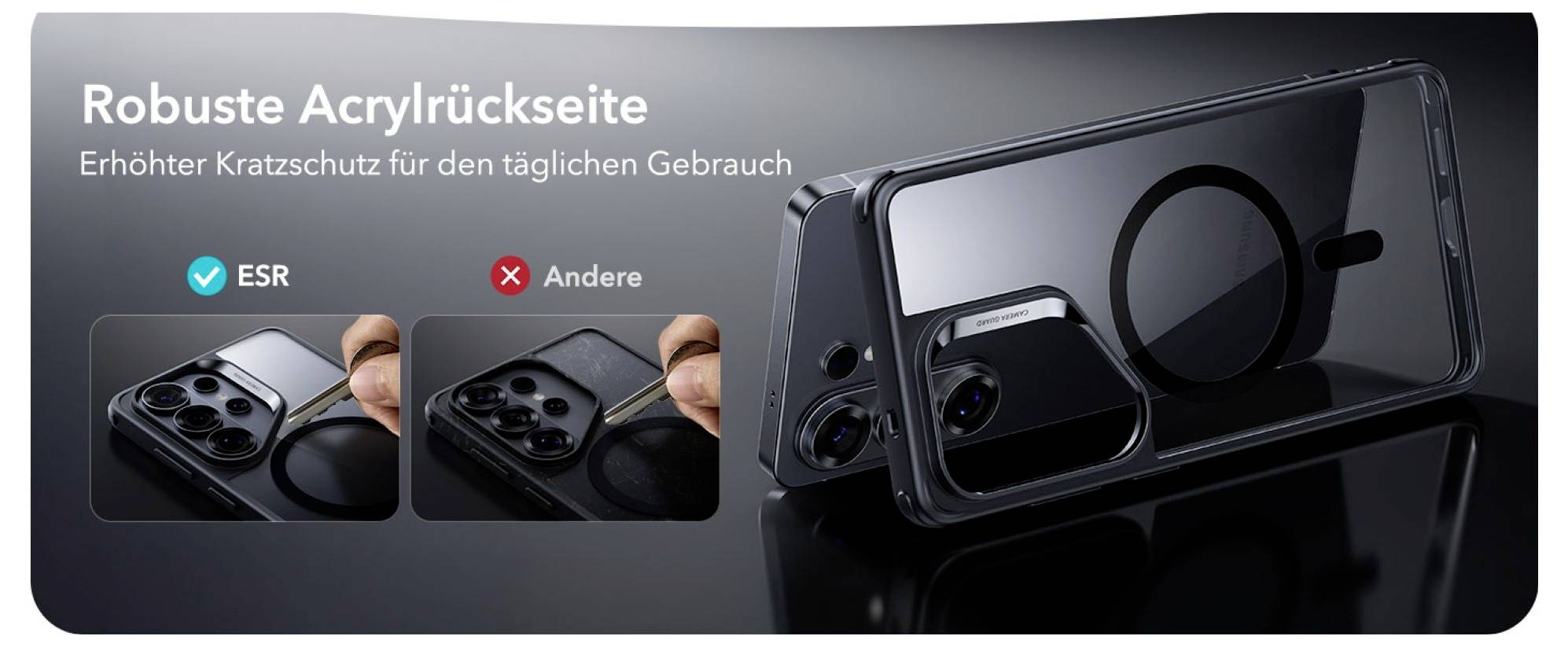 'Robuste Acrylrückseite. Erhöhter Kratzschutz für den täglichen Gebrauch.' Zwei Handyhüllen im Vergleich: eine markiert als 'ESR', die andere als 'Andere'.