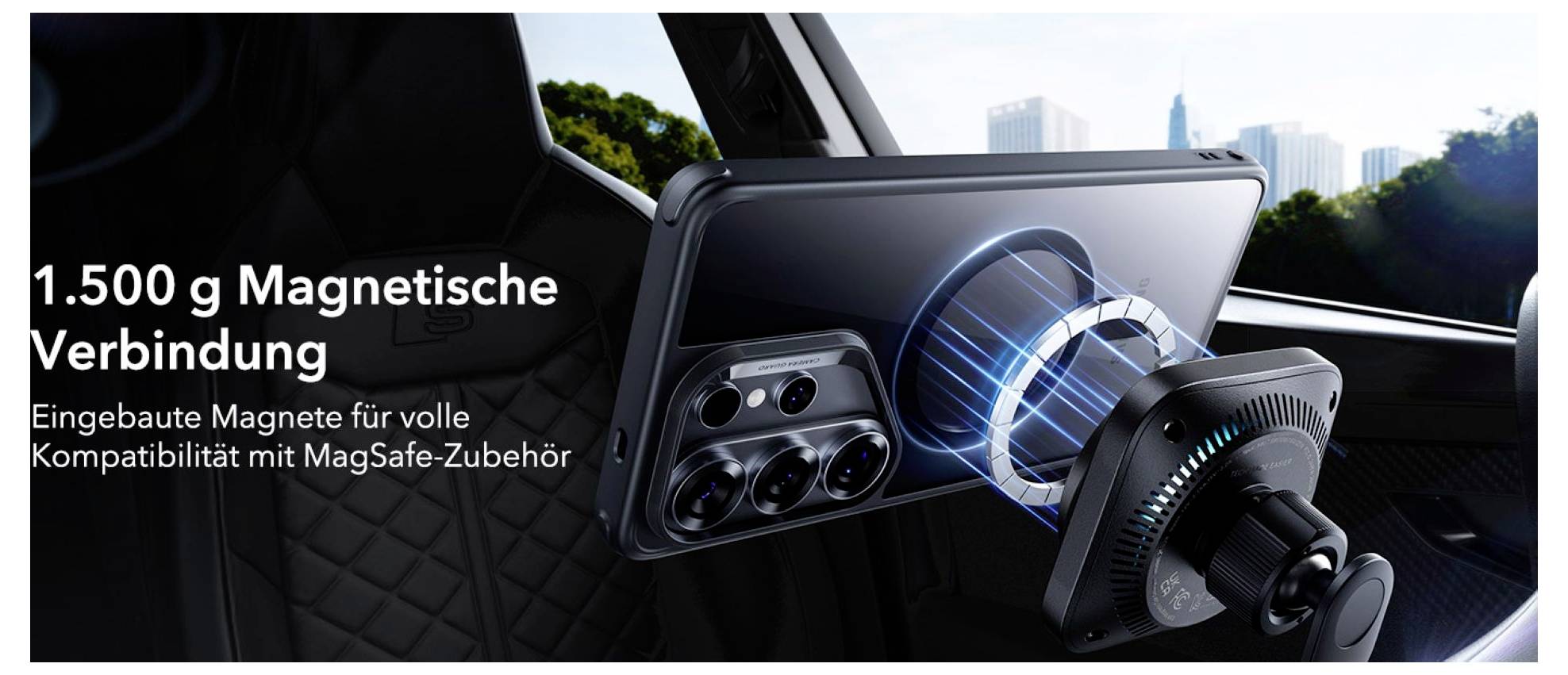 Smartphone im Auto mit magnetischer Halterung befestigt. Text: '1.500 g Magnetische Verbindung. Eingebaute Magnete für volle Kompatibilität mit MagSafe-Zubehör.'