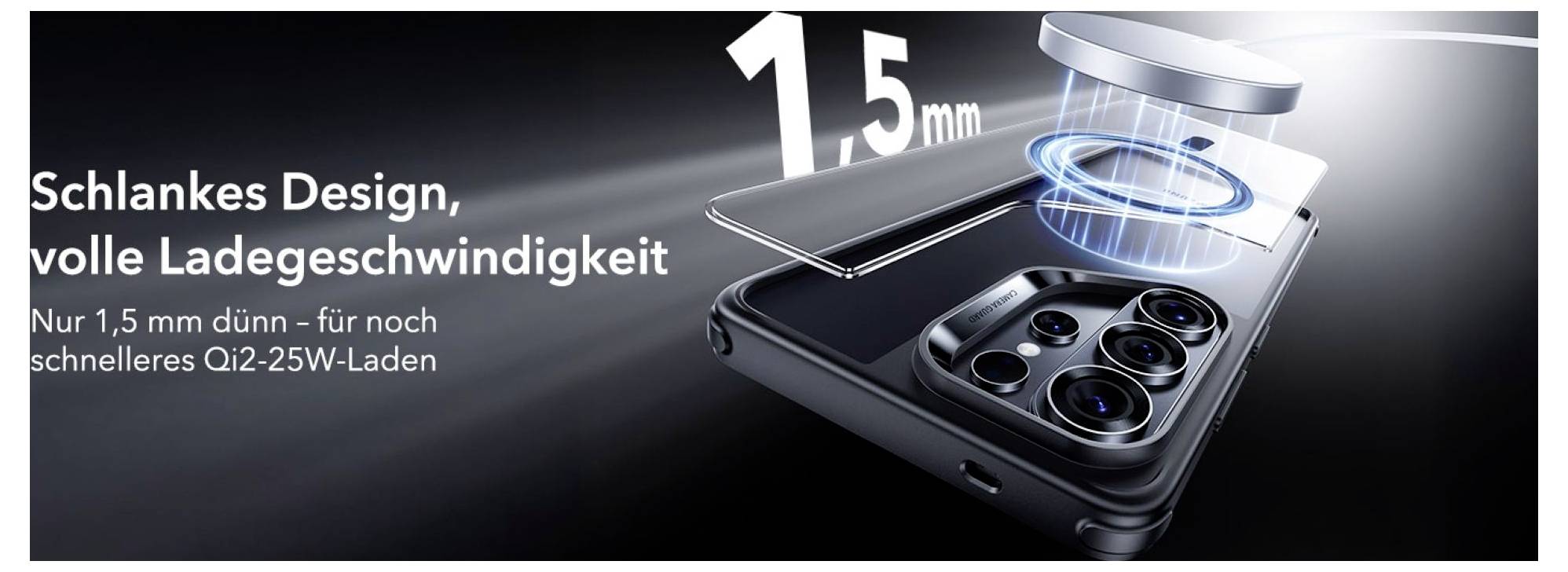 Smartphone mit schlankem Design, 1,5 mm dünn, hervorgehobene Ladegeschwindigkeit mit Qi2-25W-Laden.