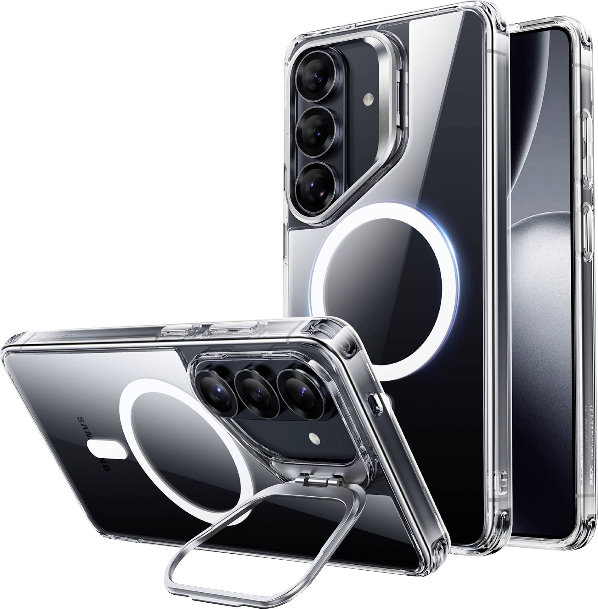 Zwei Smartphones mit transparenten Schutzhüllen, eines steht mit ausgefahrenem Ringhalter. Die Telefone zeigen auf der linken Rückseite ein Kameraarray an.