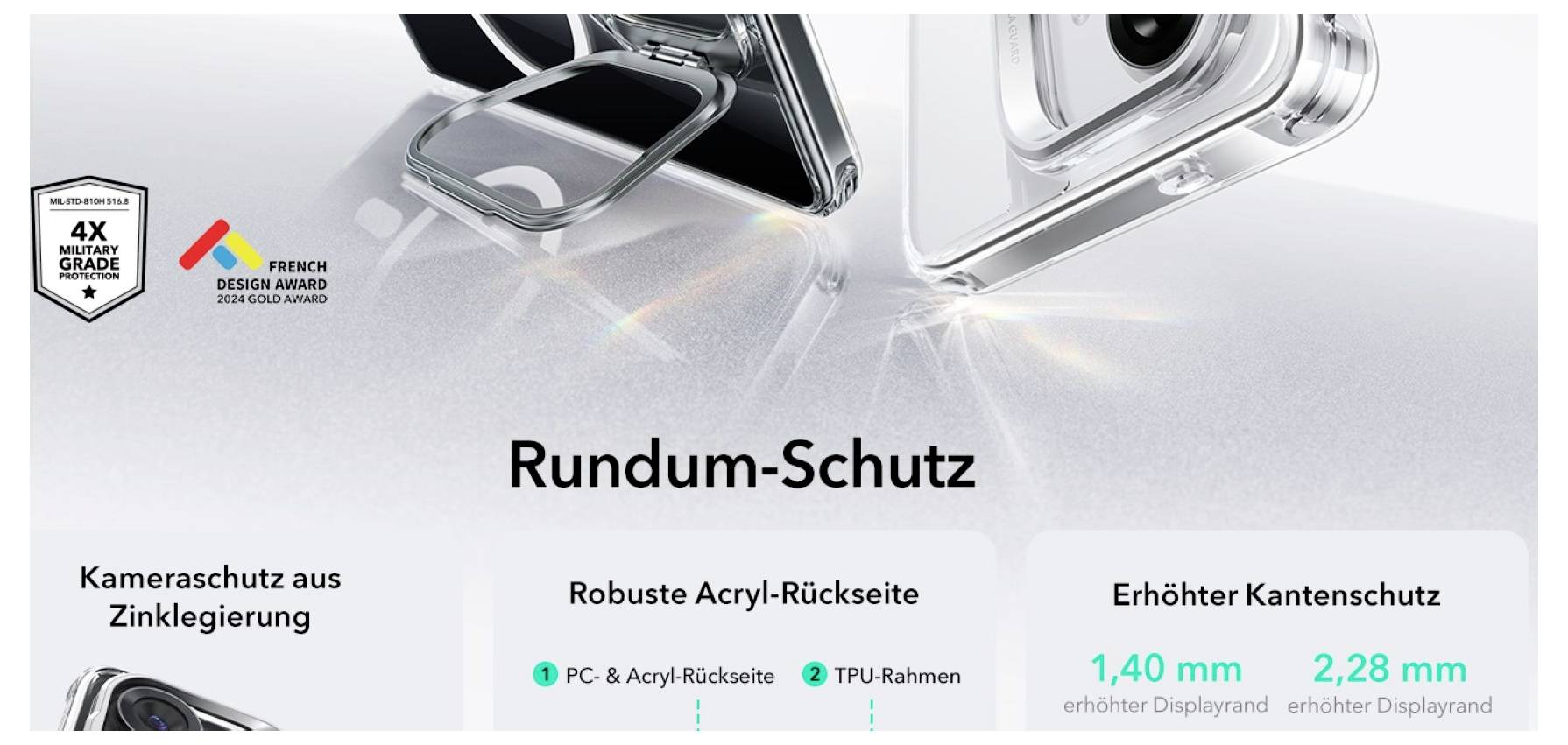 Smartphone-Hülle mit Kameraschutz aus Zink, robuster Acryl-Rückseite und erhöhtem Kantenschutz. Texthinweise: 'Rundum-Schutz'.