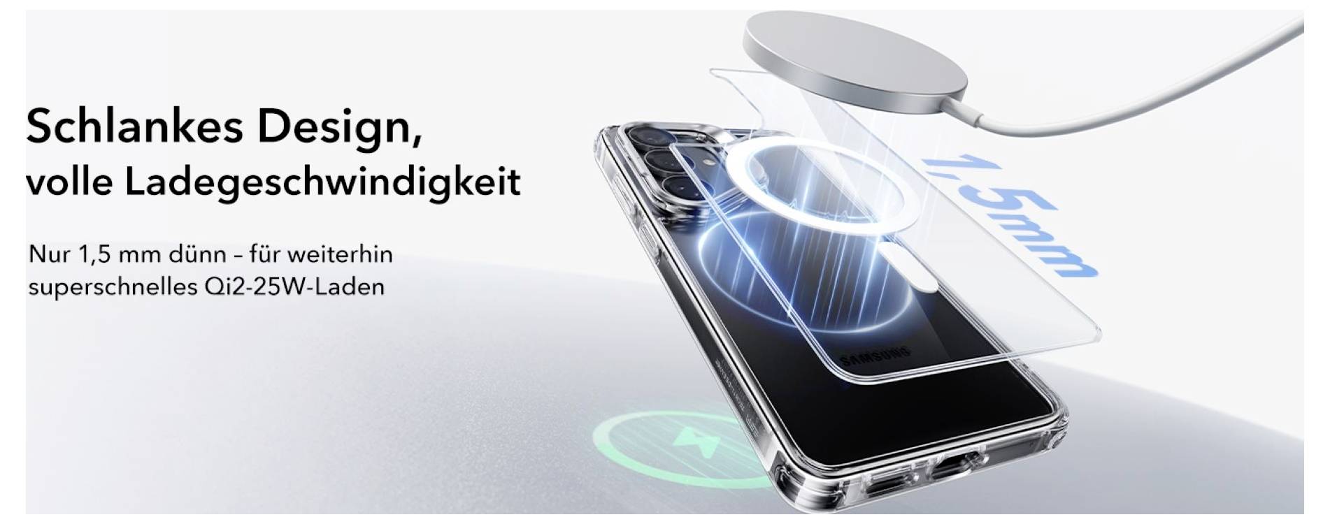 'Schlankes Design, volle Ladegeschwindigkeit' zeigt 1,5 mm dünnes magnetisches Zubehör für schnelles Qi2-25W-Laden eines Smartphones.