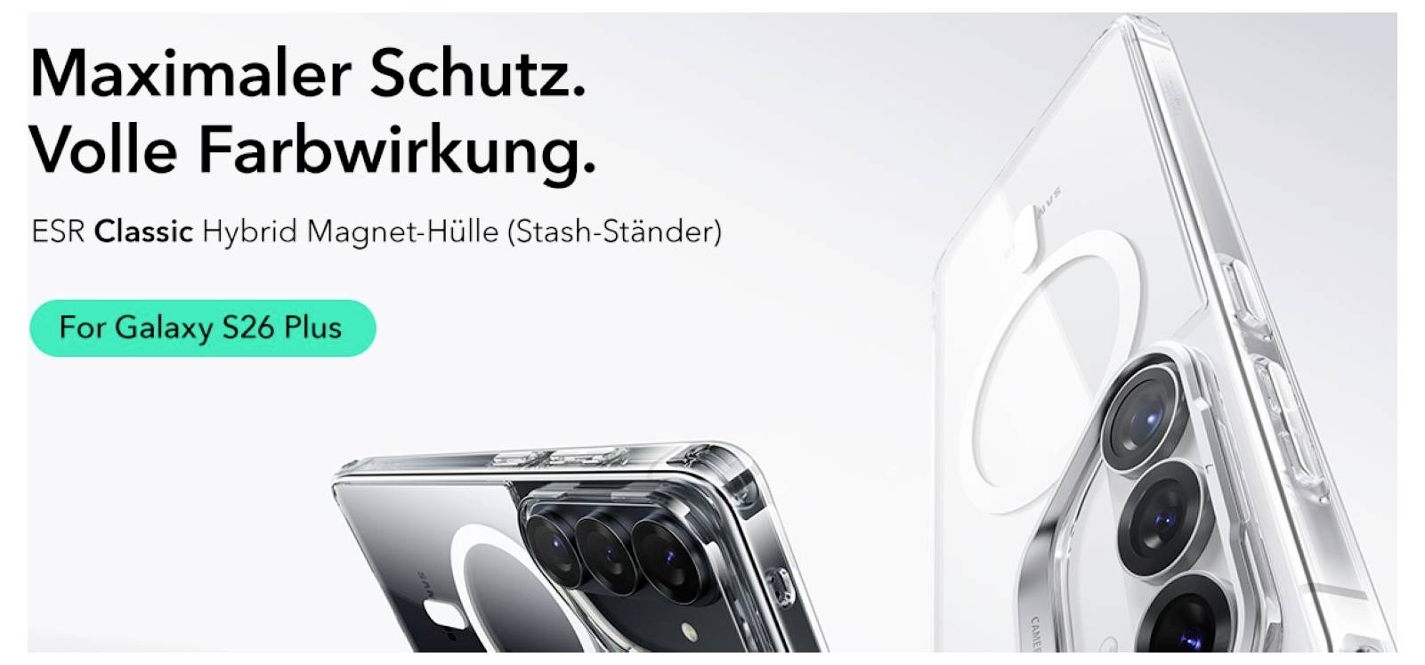 Schutzhülle für Galaxy S26 Plus von ESR, bietet maximalen Schutz und Farbwiedergabe. Hybrid Magnet-Hülle mit Ständer.