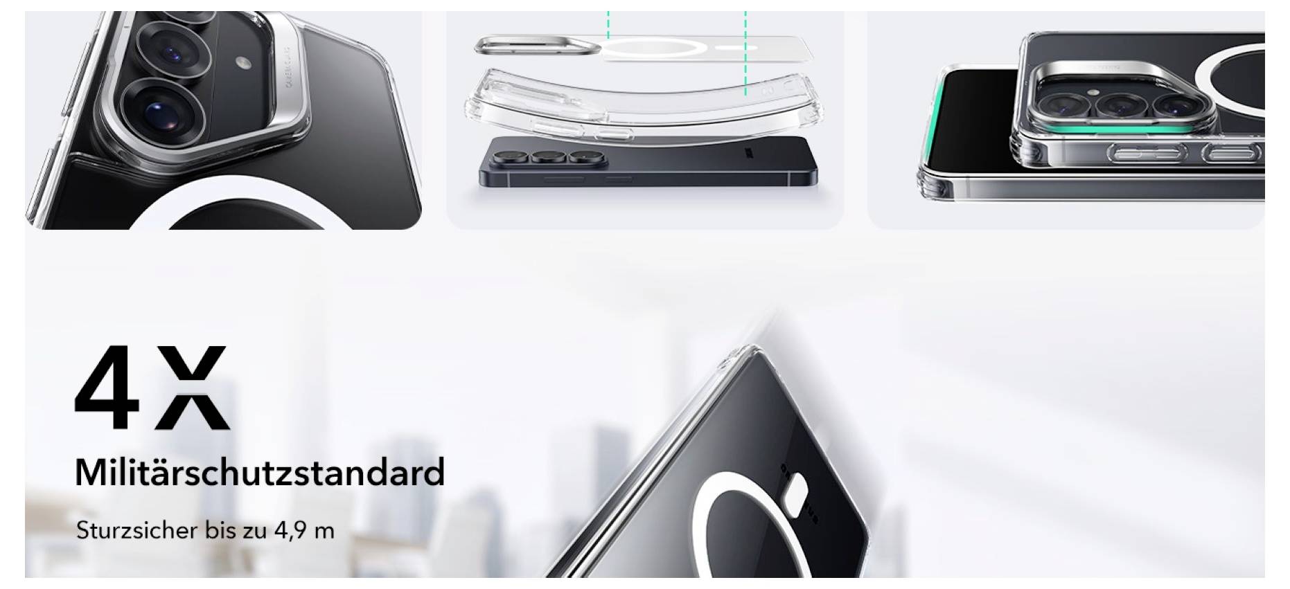 Handyhülle mit vierfacher Militärschutzstandard, sturzsicher bis zu 4,9 m. Mehrere Ansichten der robusten Hülle.