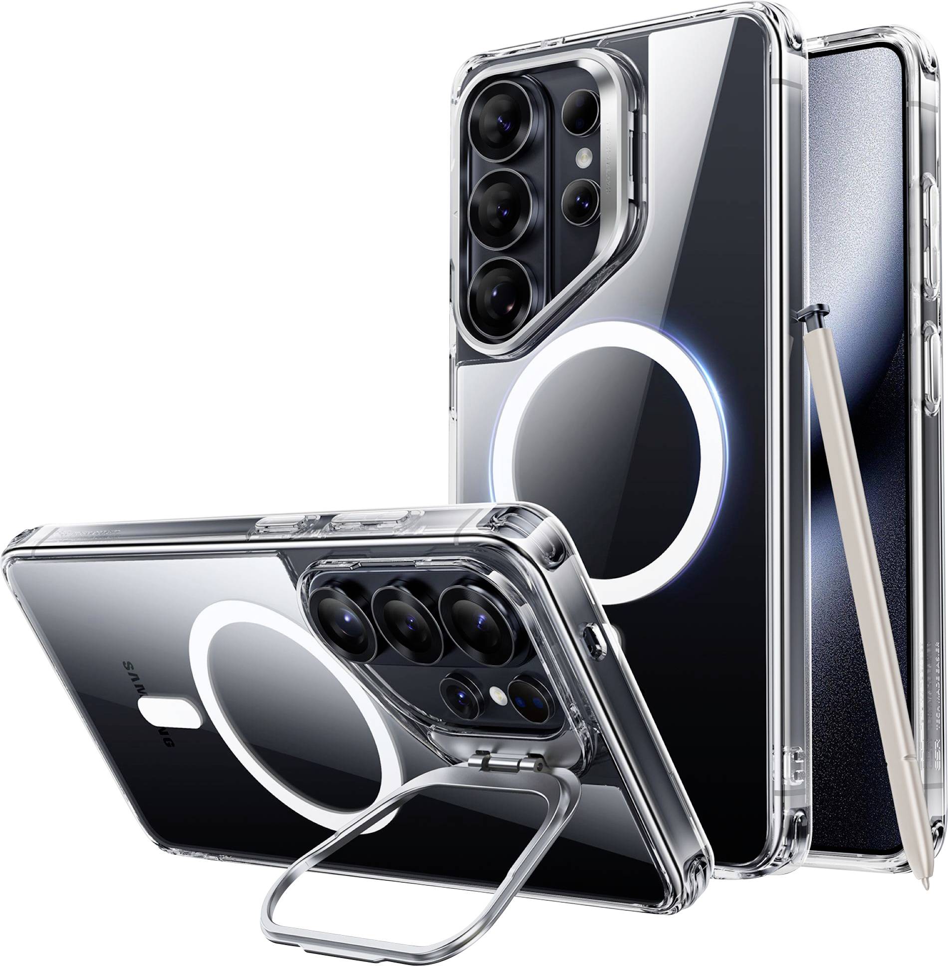 Ein transparentes Handyschutzhülle mit einem kreisförmigen Magnetring und einem integrierten Ständer wird auf einem Smartphone mit einem Stylus präsentiert.