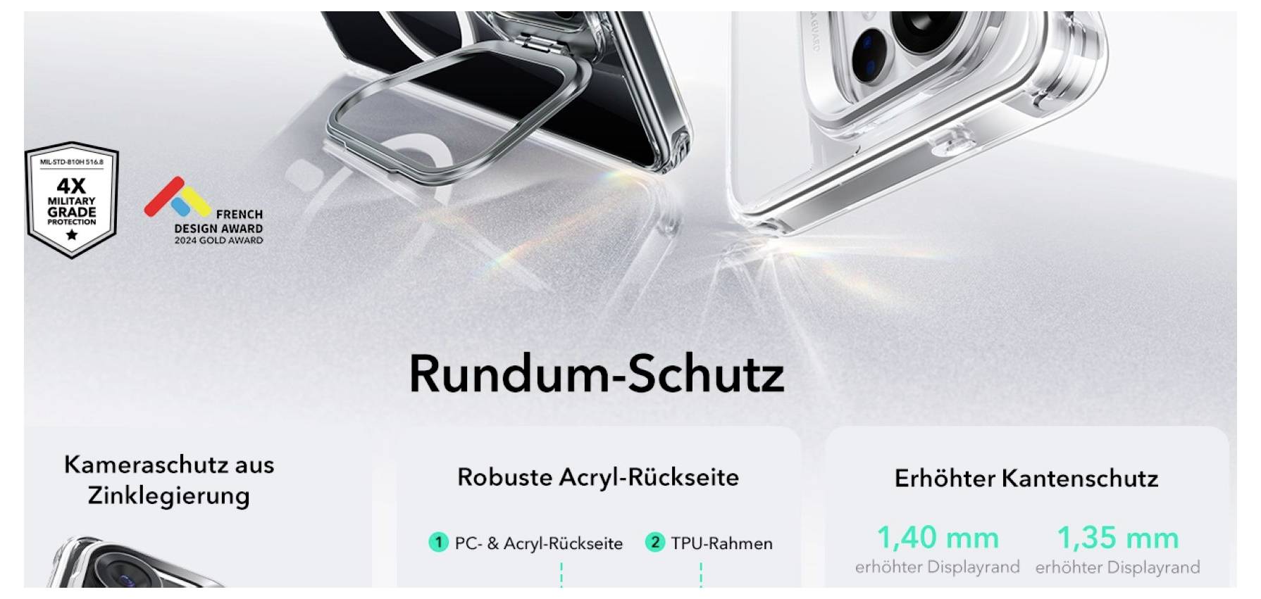 Schutzhülle für Smartphones. Kameraschutz aus Zinklegierung, robuste Acryl-Rückseite, erhöhter Kantenschutz; verstärktes Produktdesign.