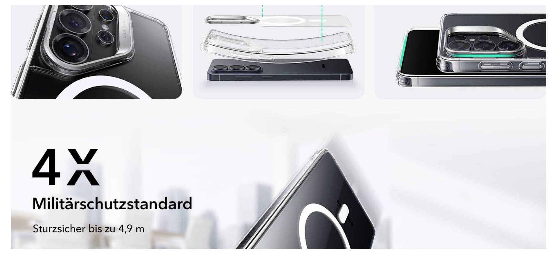 Smartphone-Hülle mit vier Bildern, die Schutzmerkmale wie Stoßdämpfung und erhöhten Kameraschutz zeigen. Text: '4X Militärschutzstandard, Sturzsicher bis zu 4,9 m'.