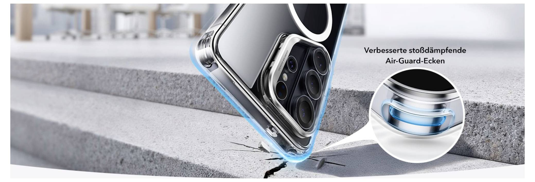 Ein Smartphone mit Hülle fällt auf den Boden. Der Fokus liegt auf den 'verbesserten stoßdämpfenden Air-Guard-Ecken' zur Stoßabsorption.