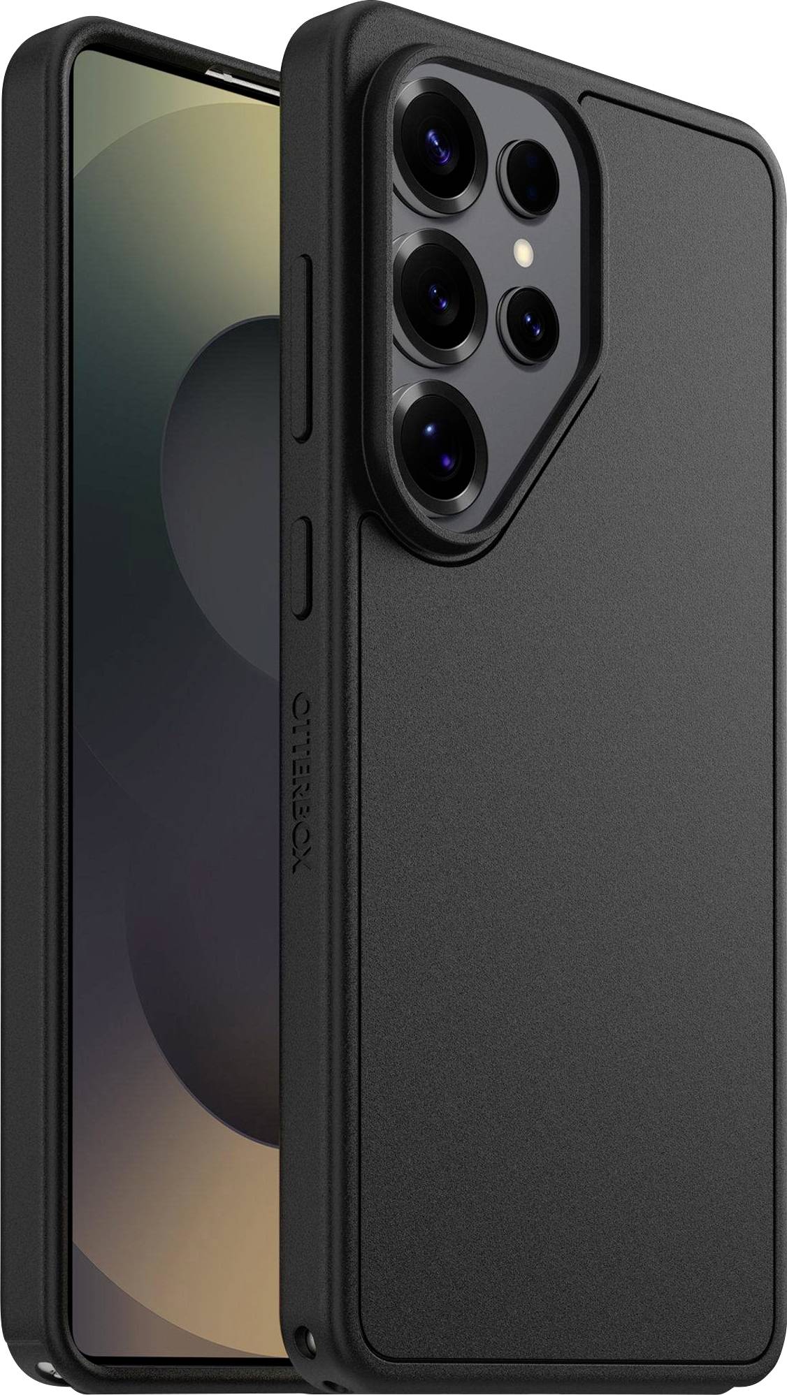 Ein Smartphone mit einer schwarzen Schutzhülle, das mehrere Kameraobjektive aufweist, ist aufrecht positioniert, wobei ein Teil des Bildschirms sichtbar ist.