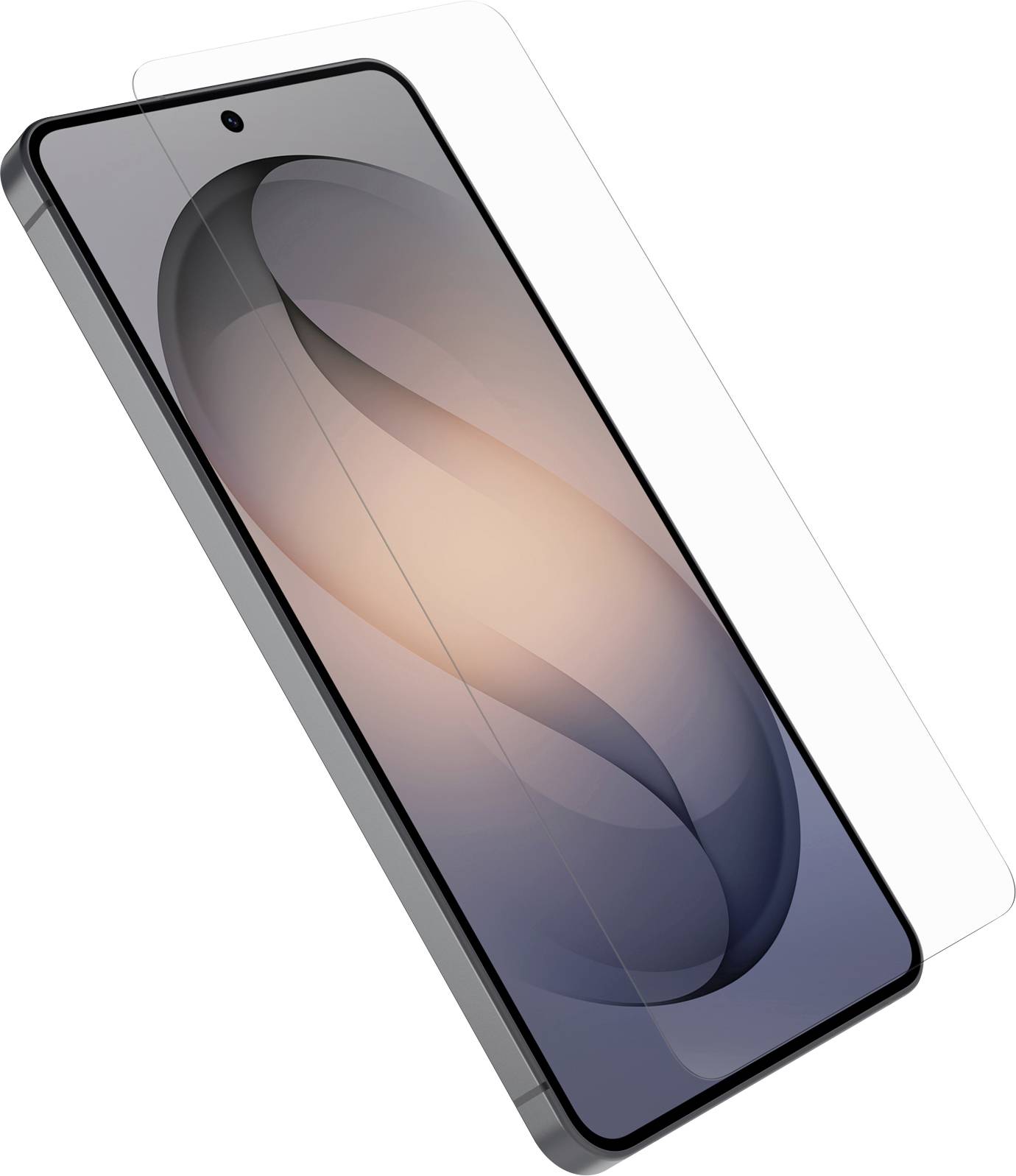 Smartphone in schräger Ansicht mit einem transparenten Schutzbildschirm oder einer transparenten Schutzhülle, die darüber angebracht ist, auf weißem Hintergrund.