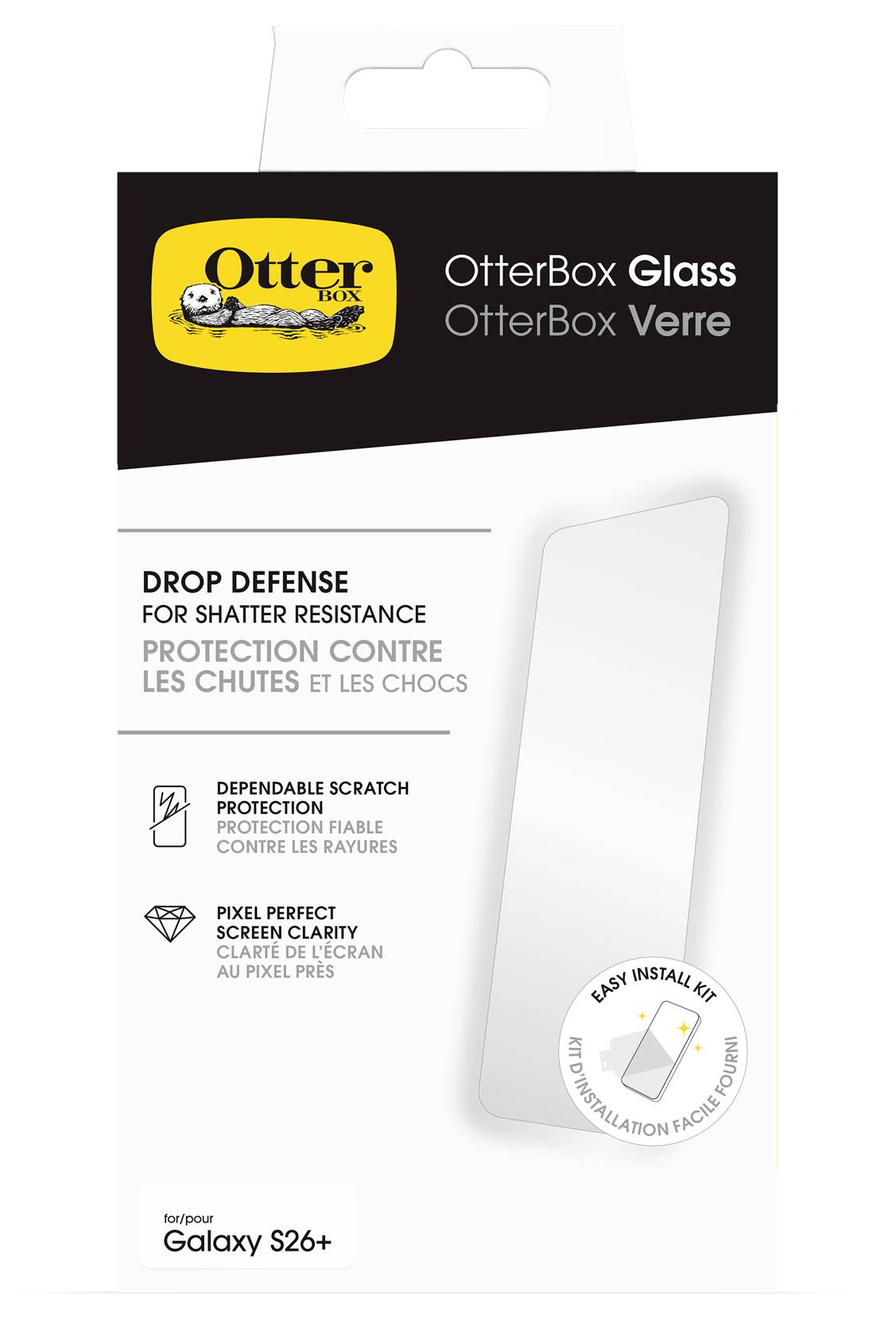OtterBox Glasschutzfolie für Galaxy S26+, zeigt Fallschutz, Kratzerbeständigkeit, pixelgenaue Bildschirmklarheit und einfaches Installationsset.