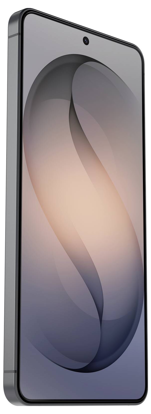 Vorderansicht eines schlanken grauen Smartphones mit großem randlosem Display, das eine abstrakte rosa und blaue Tapete zeigt.