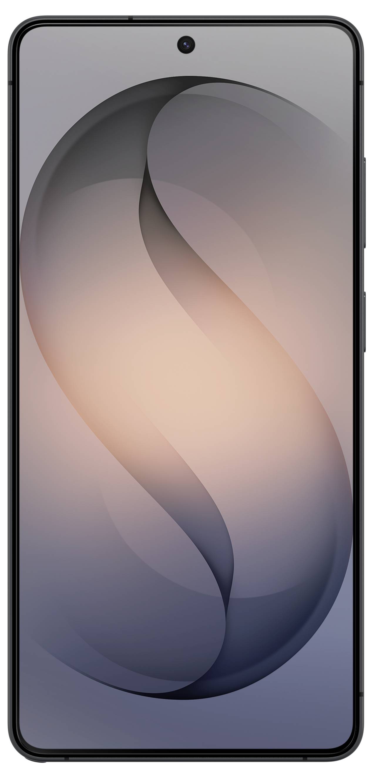 Vorderansicht eines schwarzen Smartphones mit einer zentrierten Punch-Hole-Kamera und abstraktem blaugrau und pfirsichfarbenem Hintergrundbild auf dem Bildschirm.