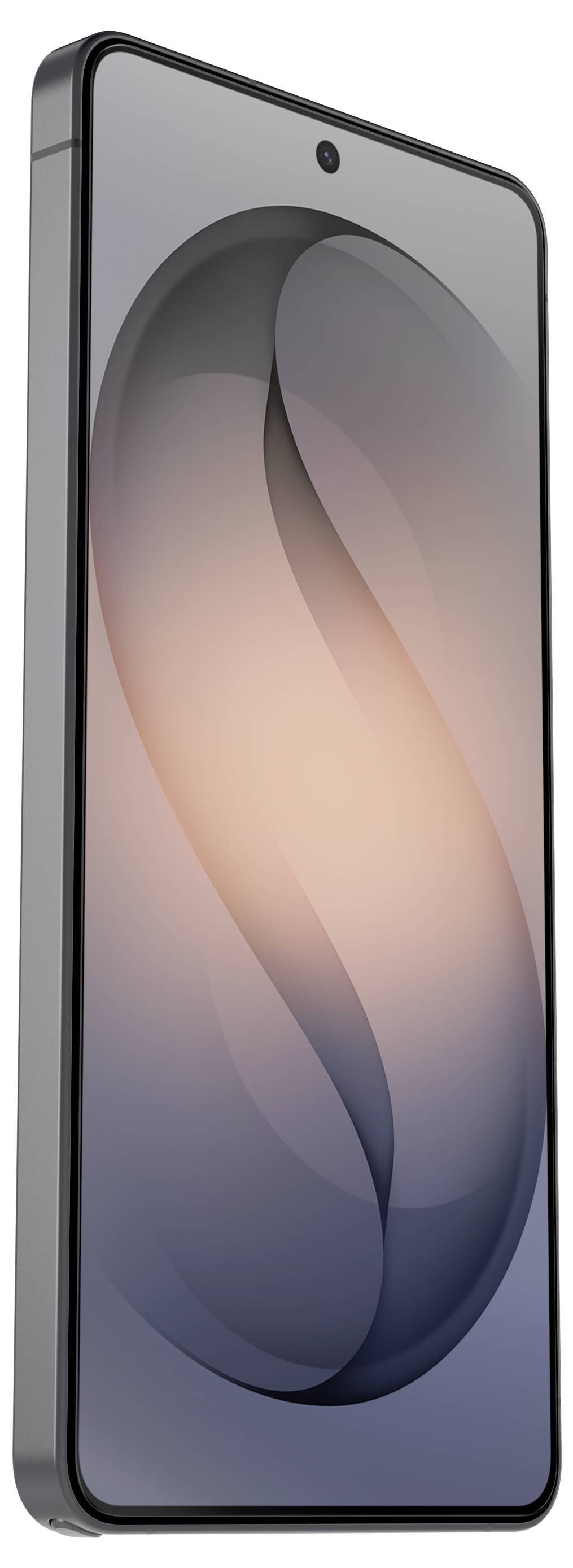 Ein silbernes Smartphone in schrägem Winkel gezeigt, das auf dem Bildschirm ein sanftes abstraktes Hintergrundbild anzeigt.