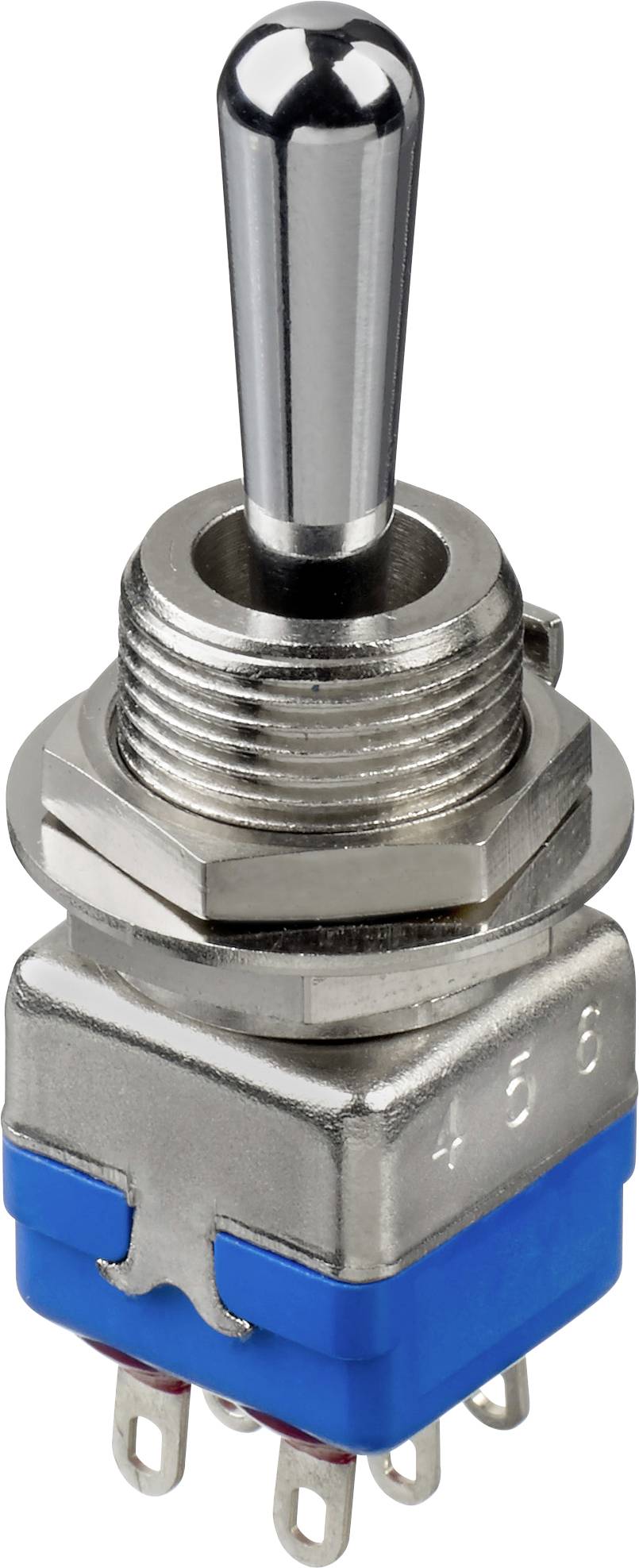 Ein Metall-Kippschalter mit silbernem Griff und blauer Basis, mit sechs vorstehenden Anschluss-Stiften an der Unterseite.