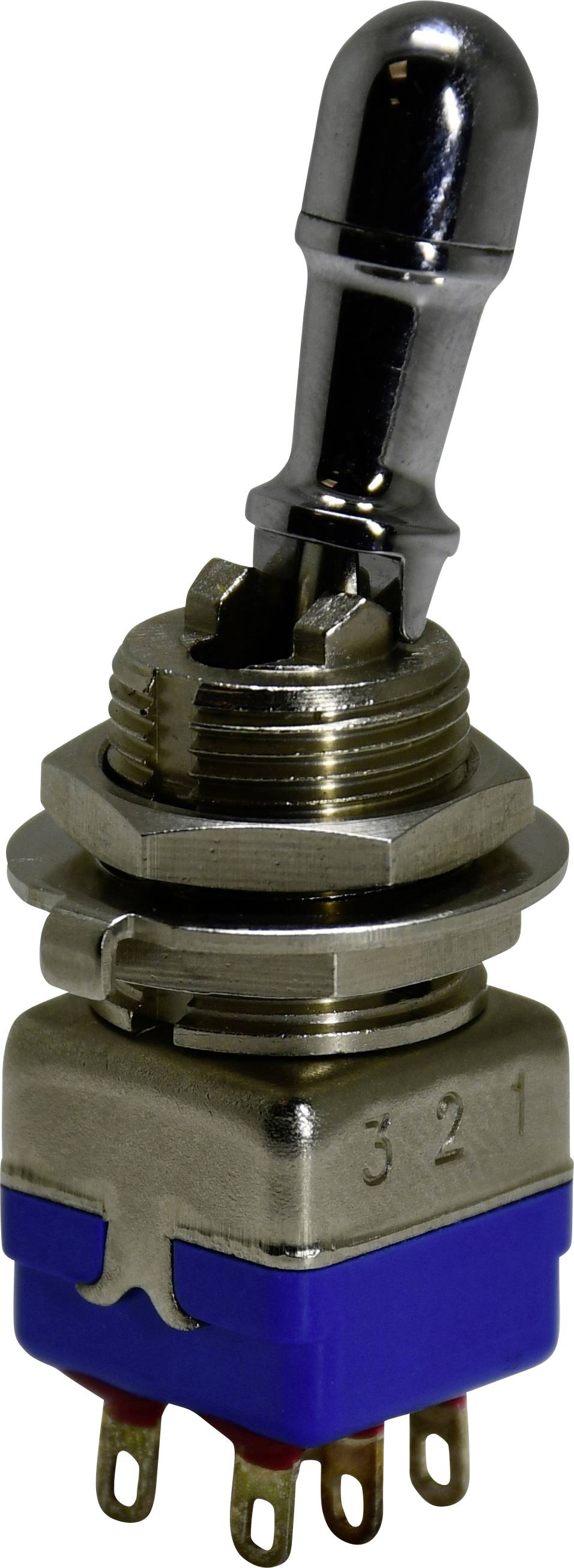 Ein Metalumschalter mit blauer Basis und vier Anschlüssen, nummeriert von 1 bis 3, entwickelt für elektronische Schaltkreise.