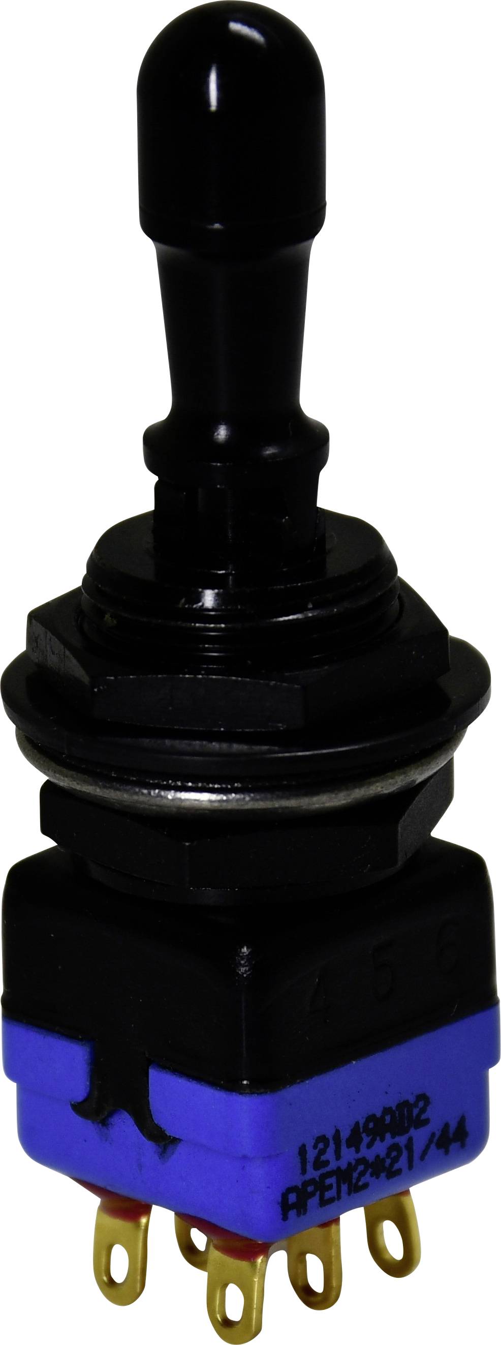 Ein Kippschalter mit schwarzem Griff und blauer Basis, ausgestattet mit mehreren vergoldeten Anschlüssen am unteren Ende für elektrische Verbindungen.