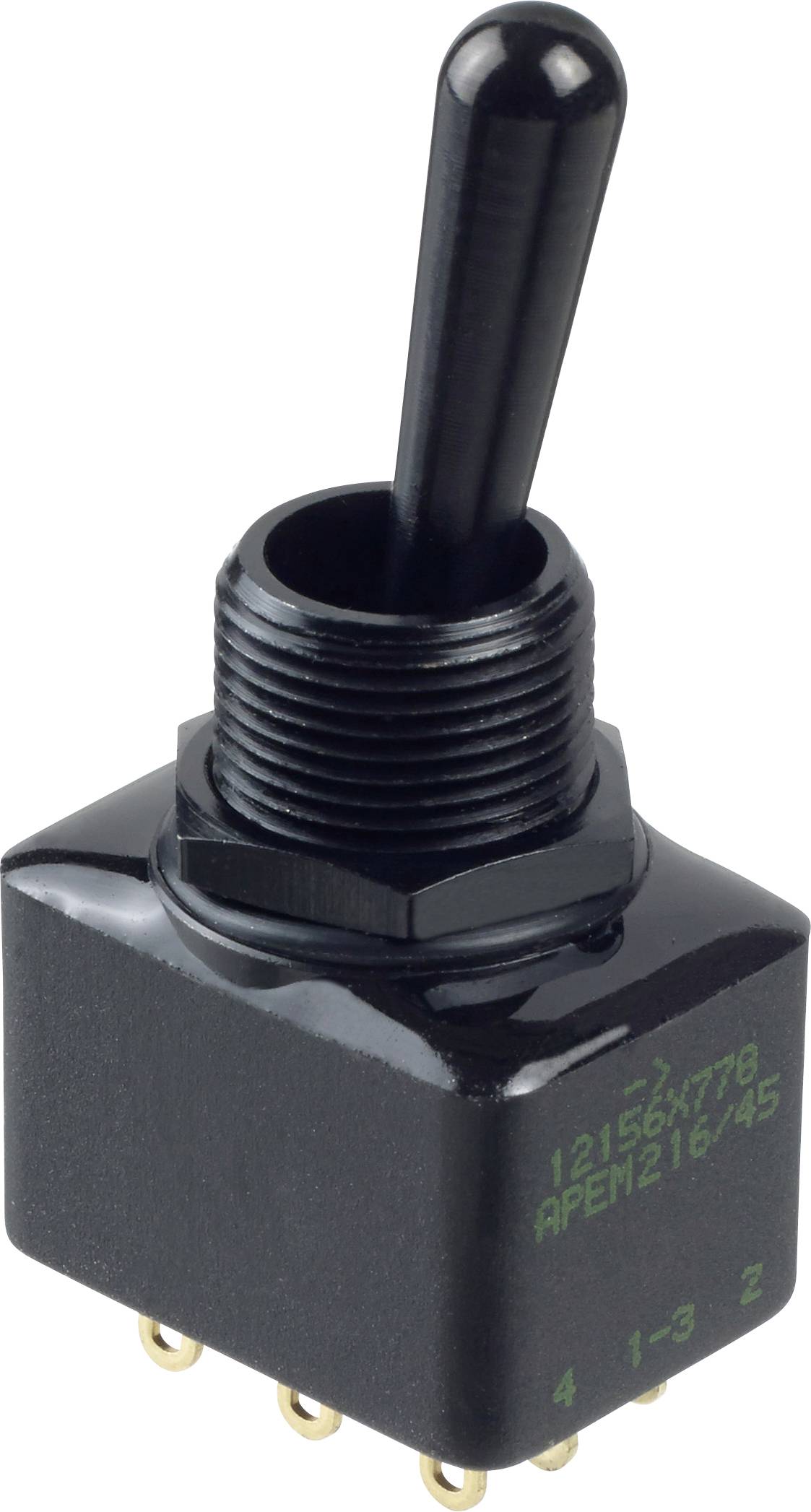 Ein schwarzer Kippschalter mit zylindrischem Griff, montiert auf einer quadratischen Basis, mit mehreren vergoldeten Stiften an der Unterseite.