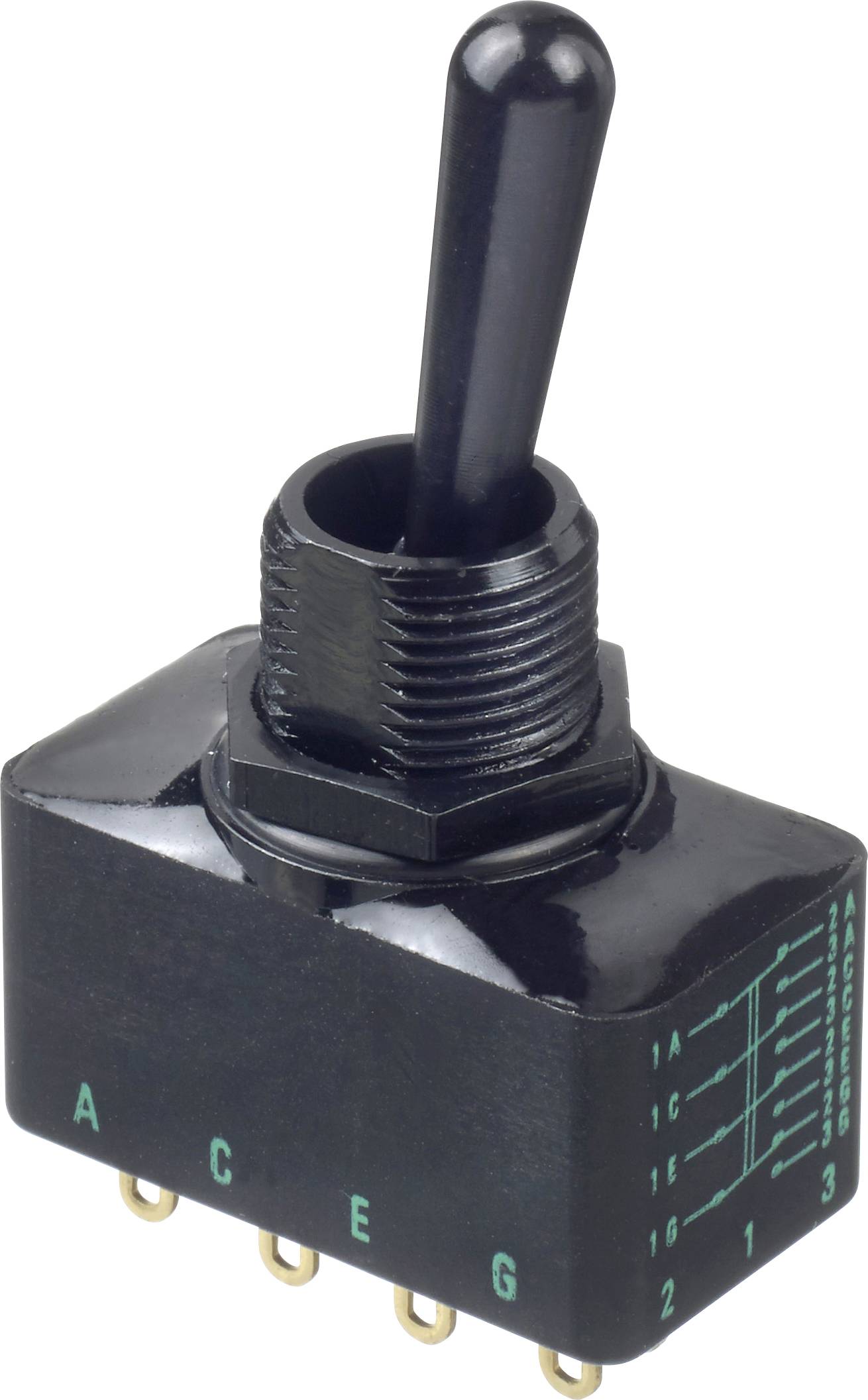 Ein schwarzer Kippschalter mit mehreren Anschlussstiften und beschrifteten Positionen 'A', 'C', 'E' und 'G' auf der Basis.