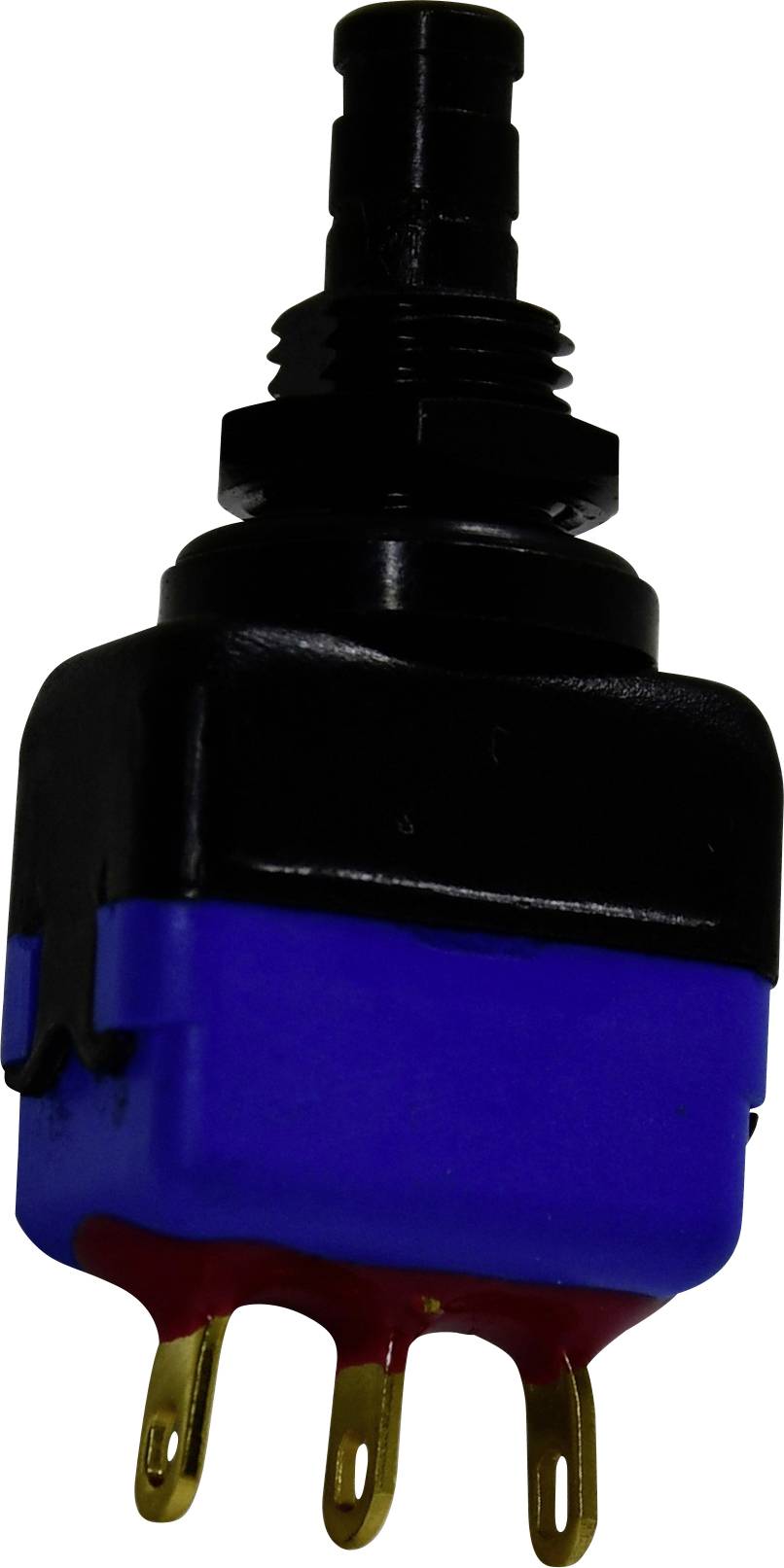Ein kleiner schwarz-blauer elektrischer Schalter mit vergoldeten Kontakten, der typischerweise in Elektronik- oder Maschinenregelungsanwendungen verwendet wird.
