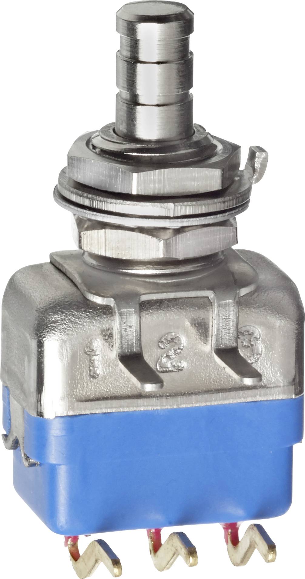 Ein Metalumschalter mit drei elektrischen Anschlüssen, einer blauen Basis und nummerierten Markierungen auf dem Metallgehäuse, verwendet zur Schaltsteuerung.
