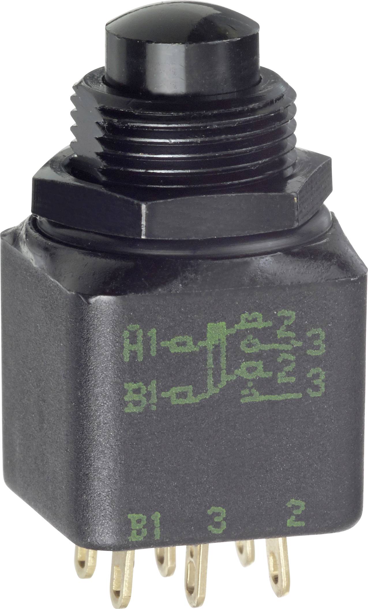 Ein schwarzer Kippschalter mit mehreren goldenen Stiften, beschriftet mit einem Schaltplan, der die elektrische Verbindung zwischen den Stiften zeigt.