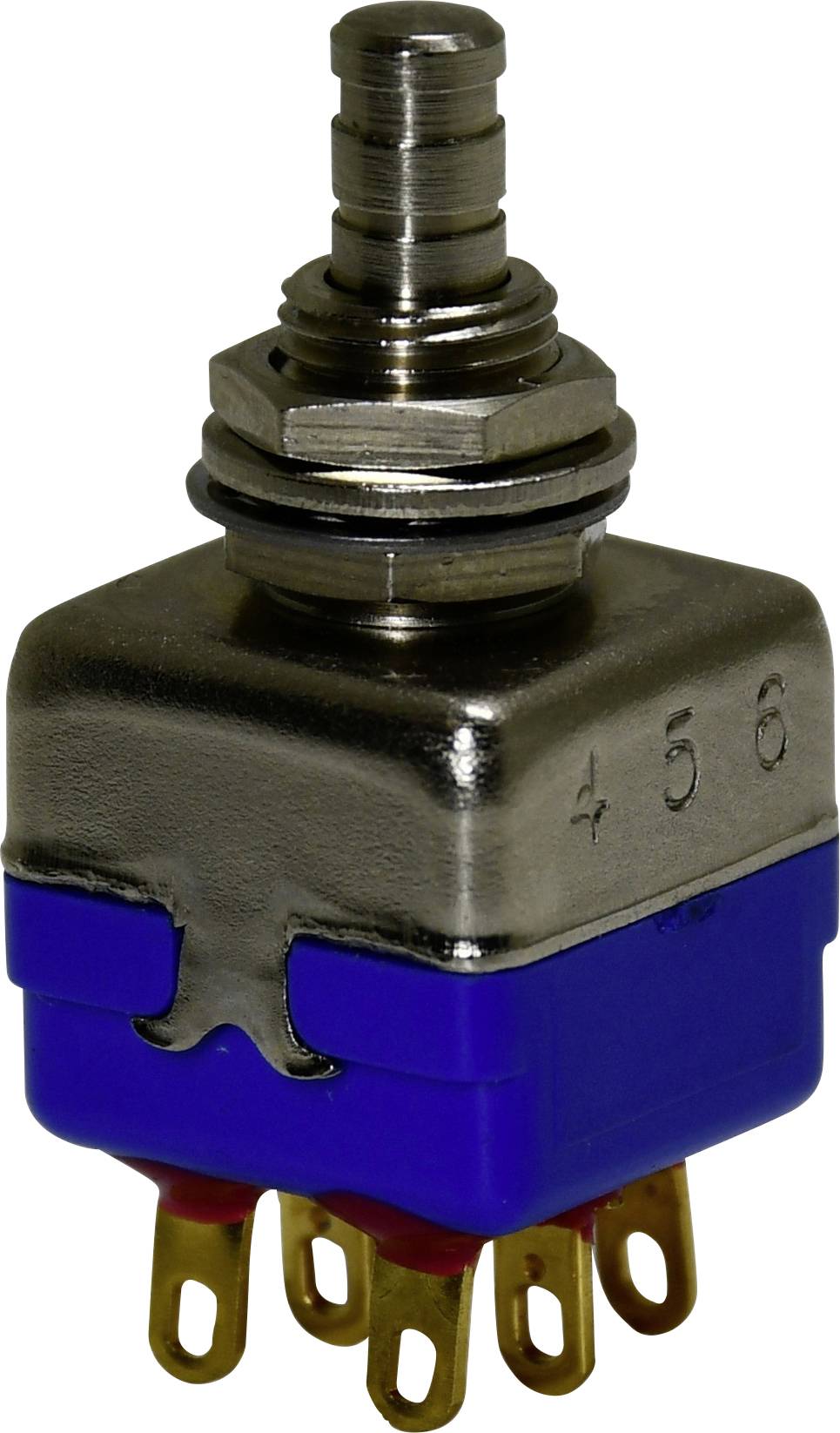 Ein metallischer mechanischer Schalter mit blauem Sockel und sechs goldenen Anschlüssen, verwendet für elektronische Schaltungen.