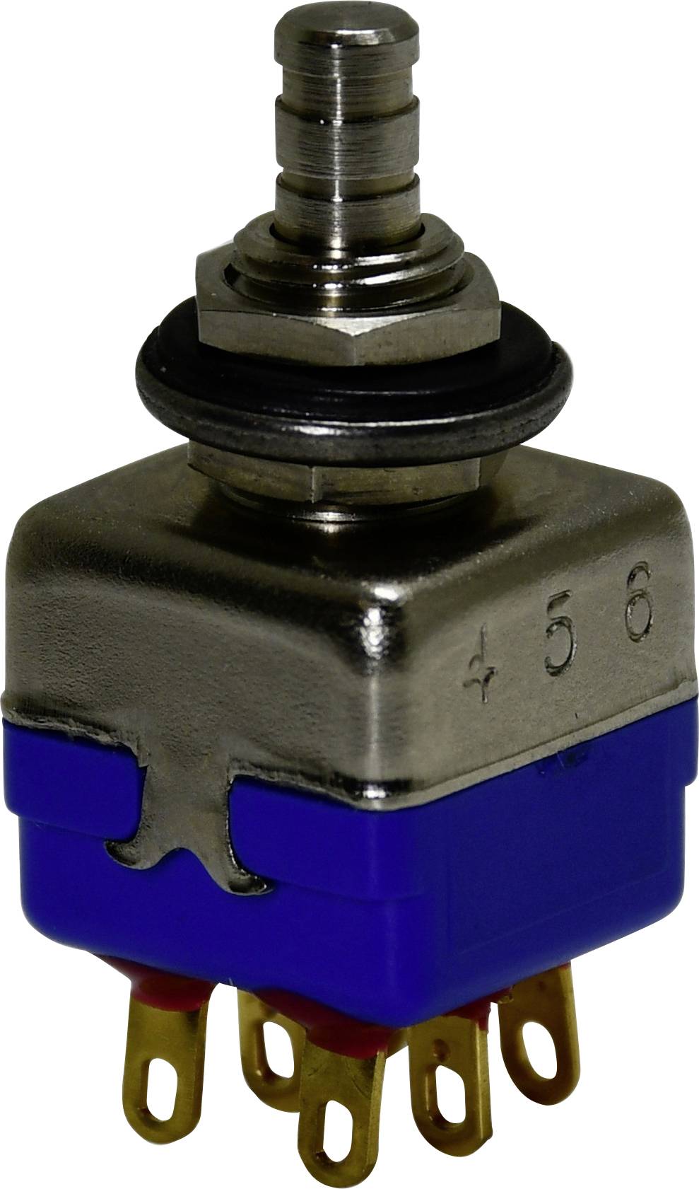 Ein Metallkippschalter mit blauem Sockel und sechs goldenen Anschlüssen, verwendet für elektrische Schaltkreise. Die Welle ist zylindrisch und geriffelt.