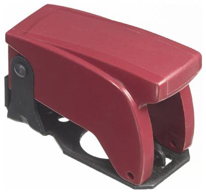 Eine rote Kunststoff- und schwarze Metallscharnier-Abdeckung mit Befestigungslöchern, die einer mechanischen Komponente ähnelt, die in Maschinen oder Fahrzeugen verwendet wird.