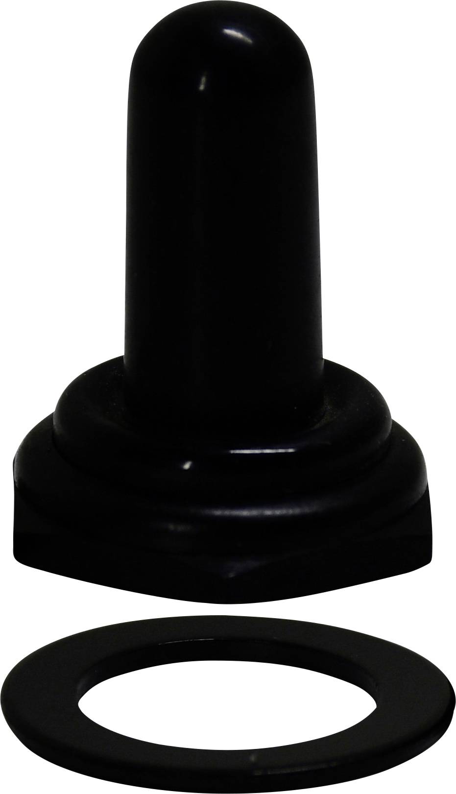 Ein schwarzer Gummi-Türstopper mit abgerundeter Spitze und einer separaten Unterlegscheibe.