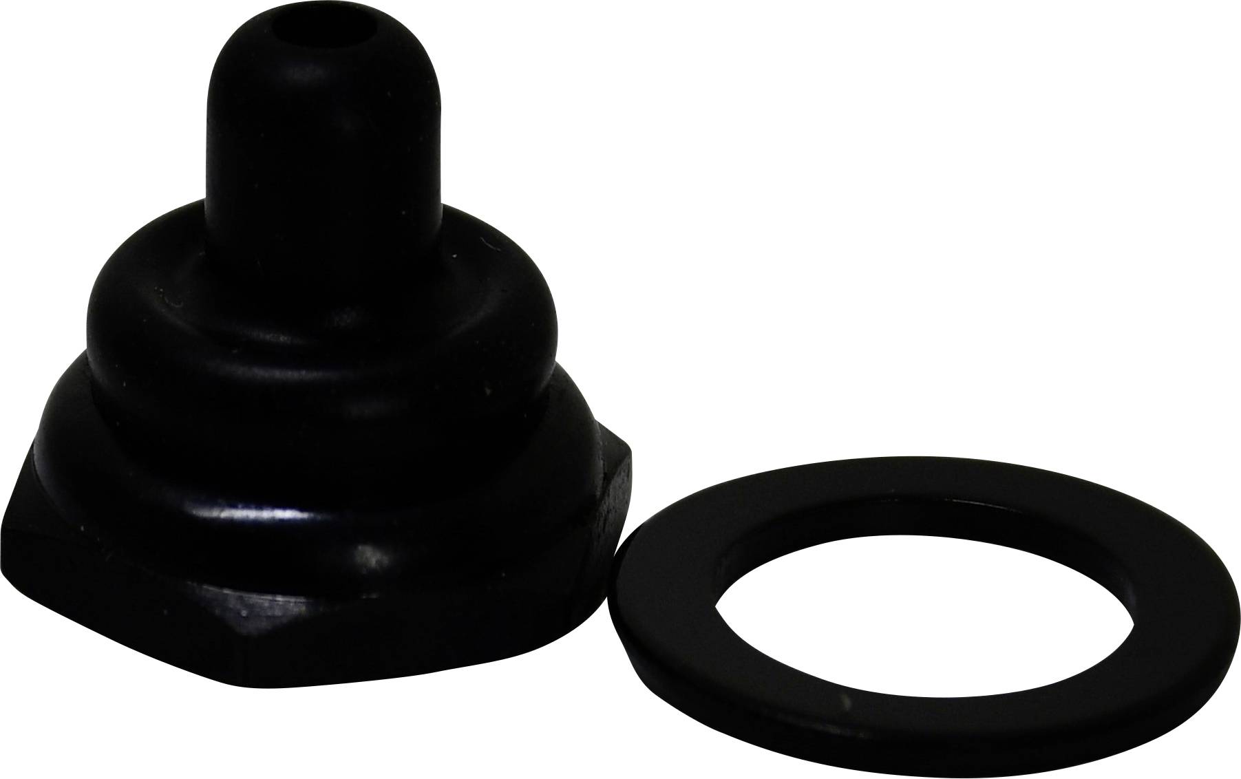 Ein schwarzer Gummistopfen mit einem hervorstehenden Zapfen und einer separaten flachen runden Unterlegscheibe daneben.
