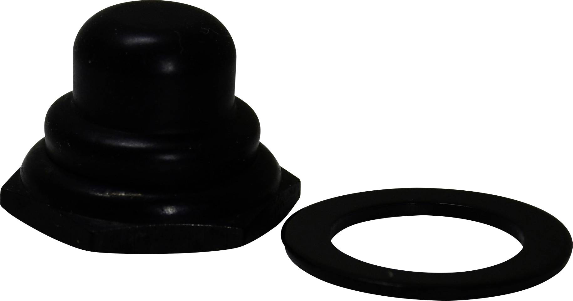 Eine schwarze sechskant-Hutmutter mit glatter, gerundeter Oberseite neben einer entsprechenden flachen Unterlegscheibe, beide aus haltbarem, hartem Kunststoff.