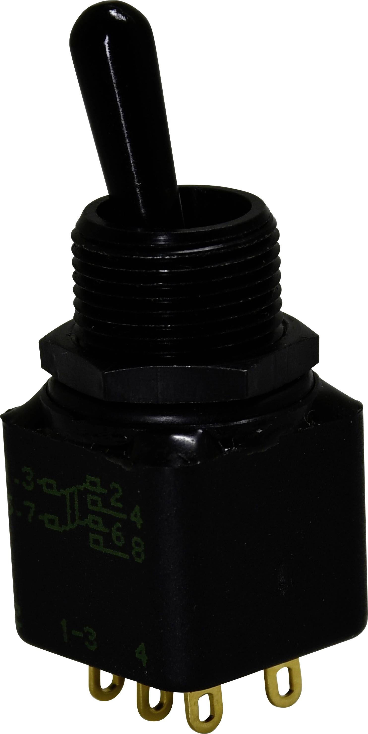 Ein schwarzer Kippschalter mit mehreren goldenen Stiften an der Basis, der für elektrische Verbindungen verwendet wird.