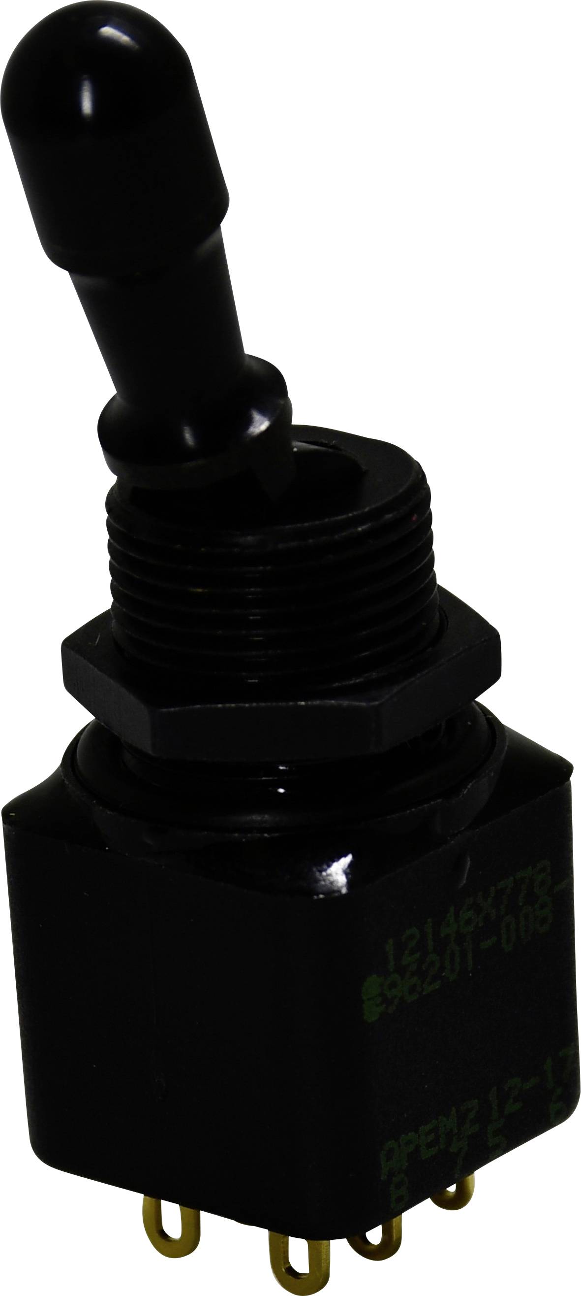 Ein schwarzer Kippschalter mit mehreren Goldkontakten an der Unterseite, montiert in einer Gewindebasis. Der Hebel ist aufrecht positioniert.