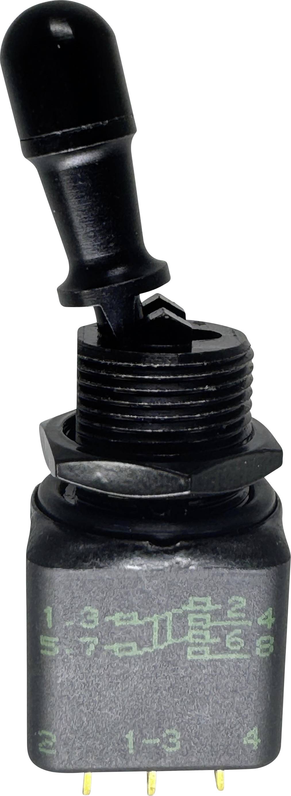 Ein schwarzer Kippschalter mit rundem Griff, gekennzeichnet mit Zahlen und Symbolen, die verschiedene Einstellungen und Verbindungen zeigen.