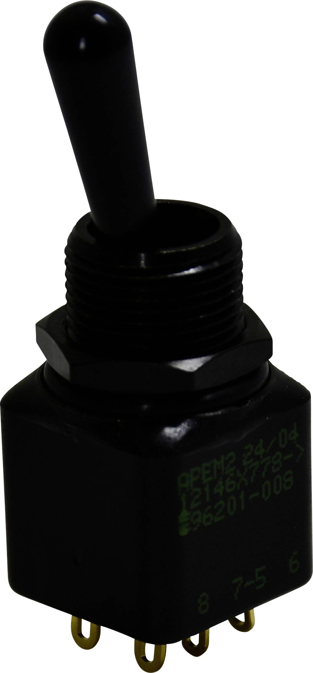 Schwarzer elektronischer Kippschalter mit Hebel, sechs goldene Anschlüsse an der Basis und grüne Beschriftung an der Seite.