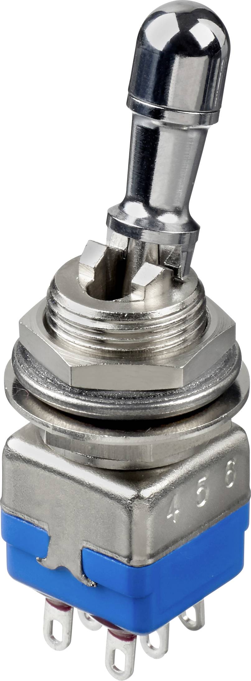 Ein Metall-Kippschalter mit blauer Basis und mehreren Anschlüssen, ausgelegt für die Montage auf elektronischen Geräten.